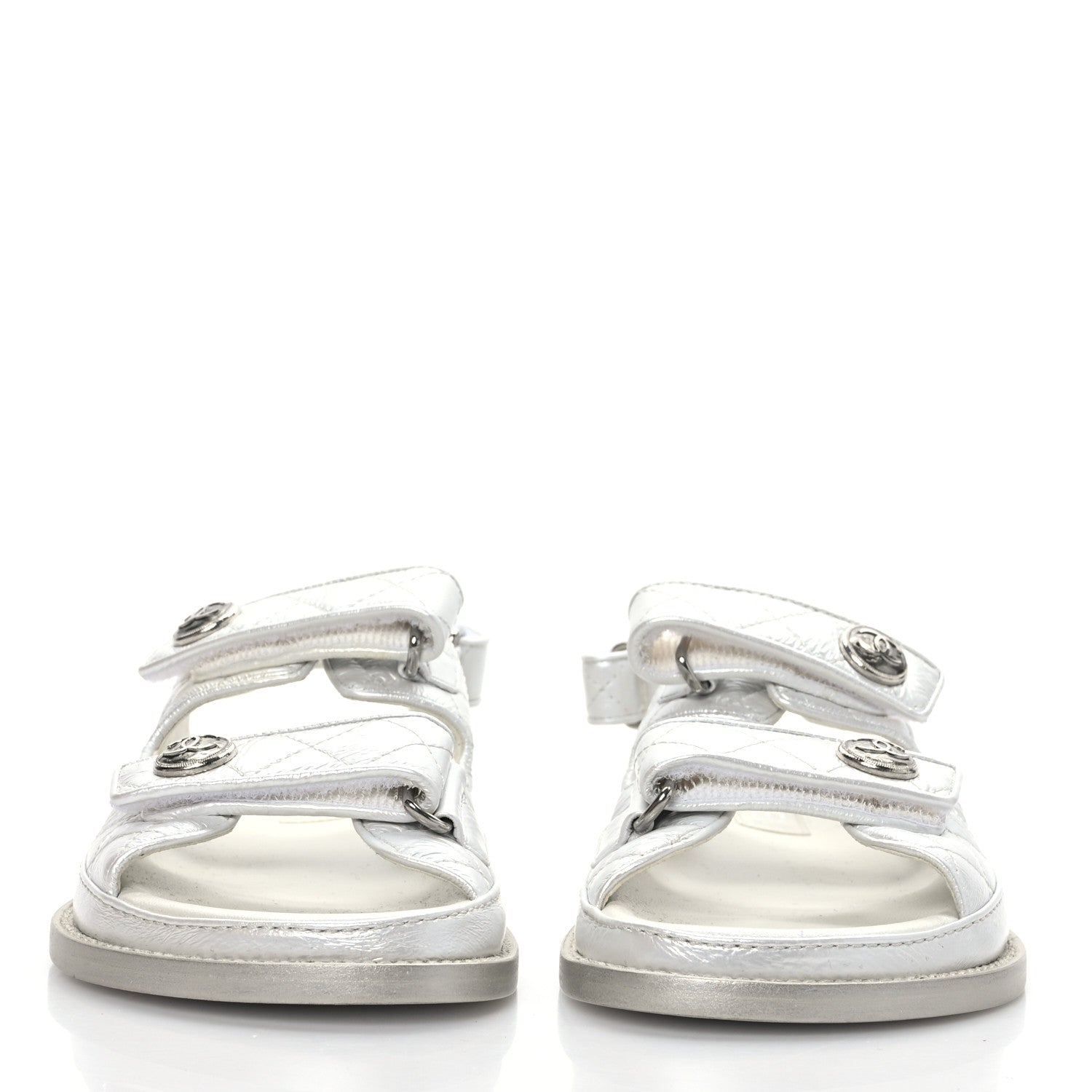 Chanel Laminated Lambskin Quilted Velcro Dad Sandals 37 Silver 2 of 8