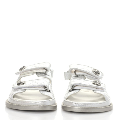 Chanel Laminated Lambskin Quilted Velcro Dad Sandals 37 Silver 2 of 8