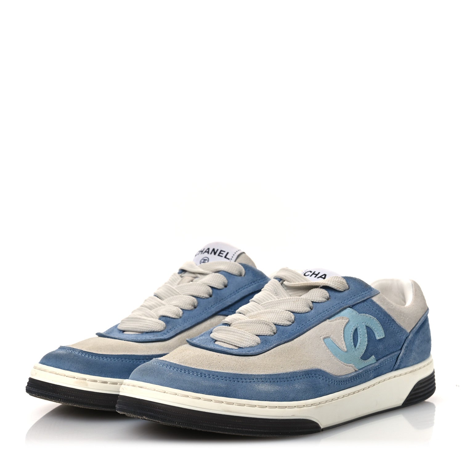 Chanel Suede Kidskin Womens CC Sneakers 37 White Blue 4 of 15