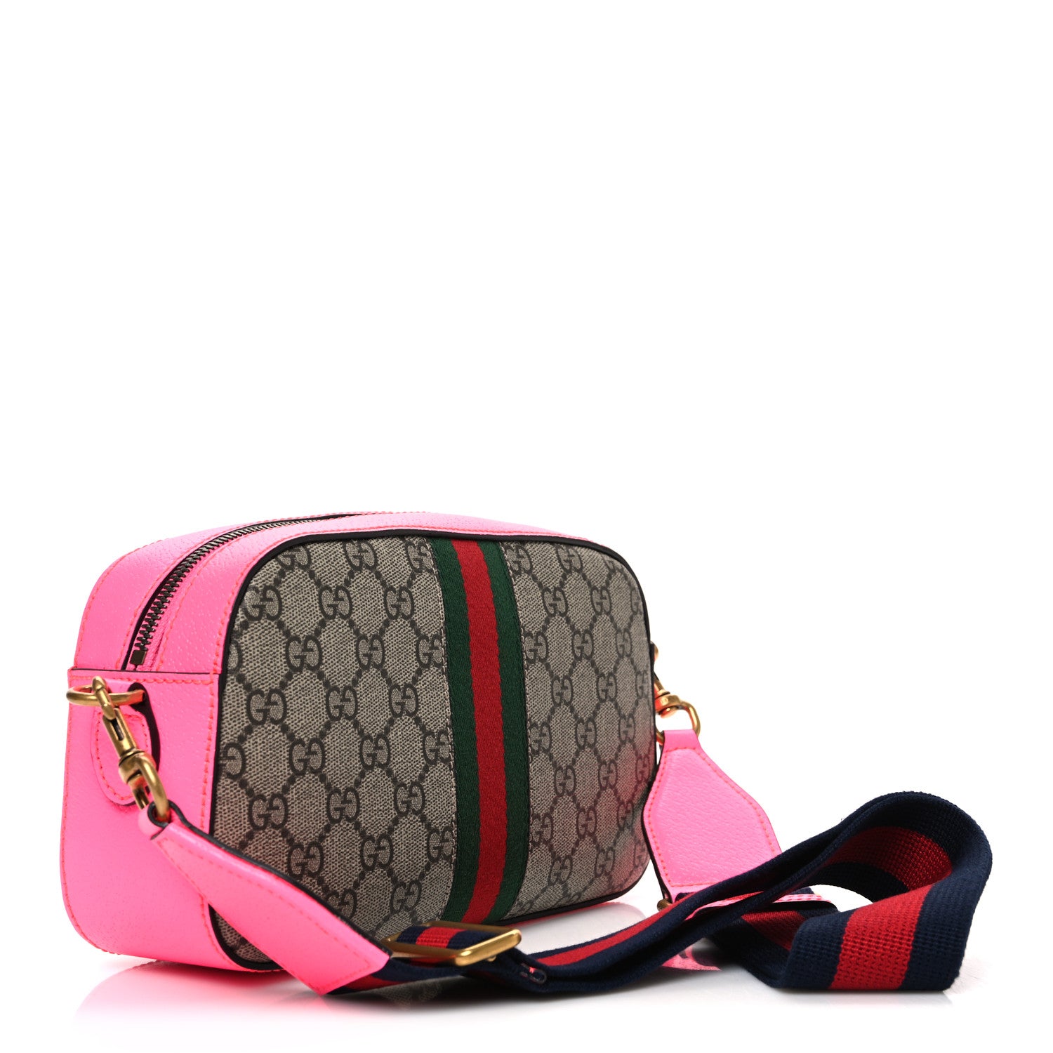 Gucci GG Supreme Monogram Textured Dollar Calfskin Web Ophidia Small Crossbody Bag Beige Ebony Fuchsia 2 of 9