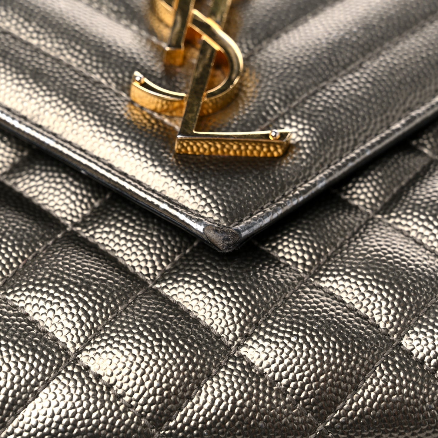 Metallic Grain De Poudre Textured Mixed Matelasse Triquilt Medium Monogram Satchel Piombo