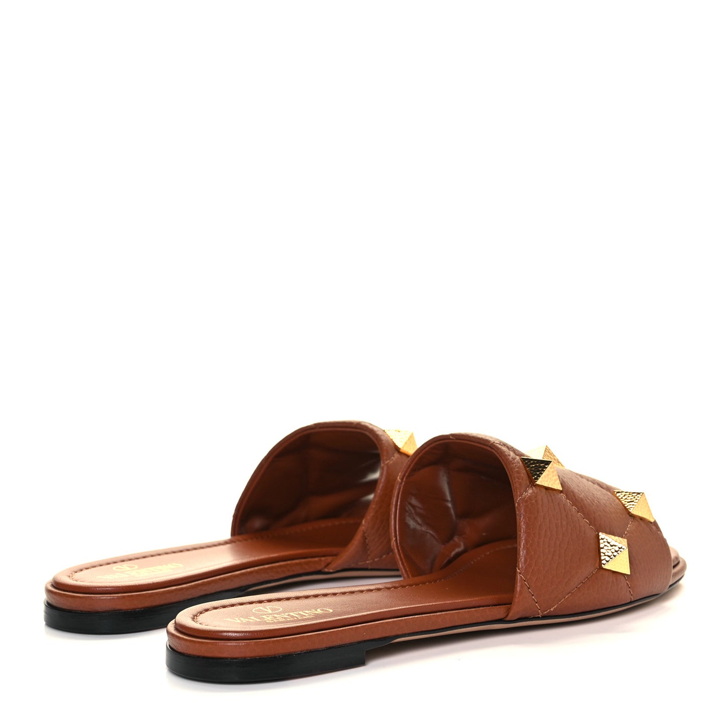 Pebbled Calfskin Roman Stud Flat Slide Sandals 40 Saddle Brown