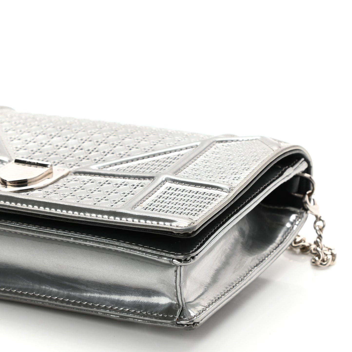 Metallic Patent Micro-Cannage Diorama Wallet on Chain Pouch Silver