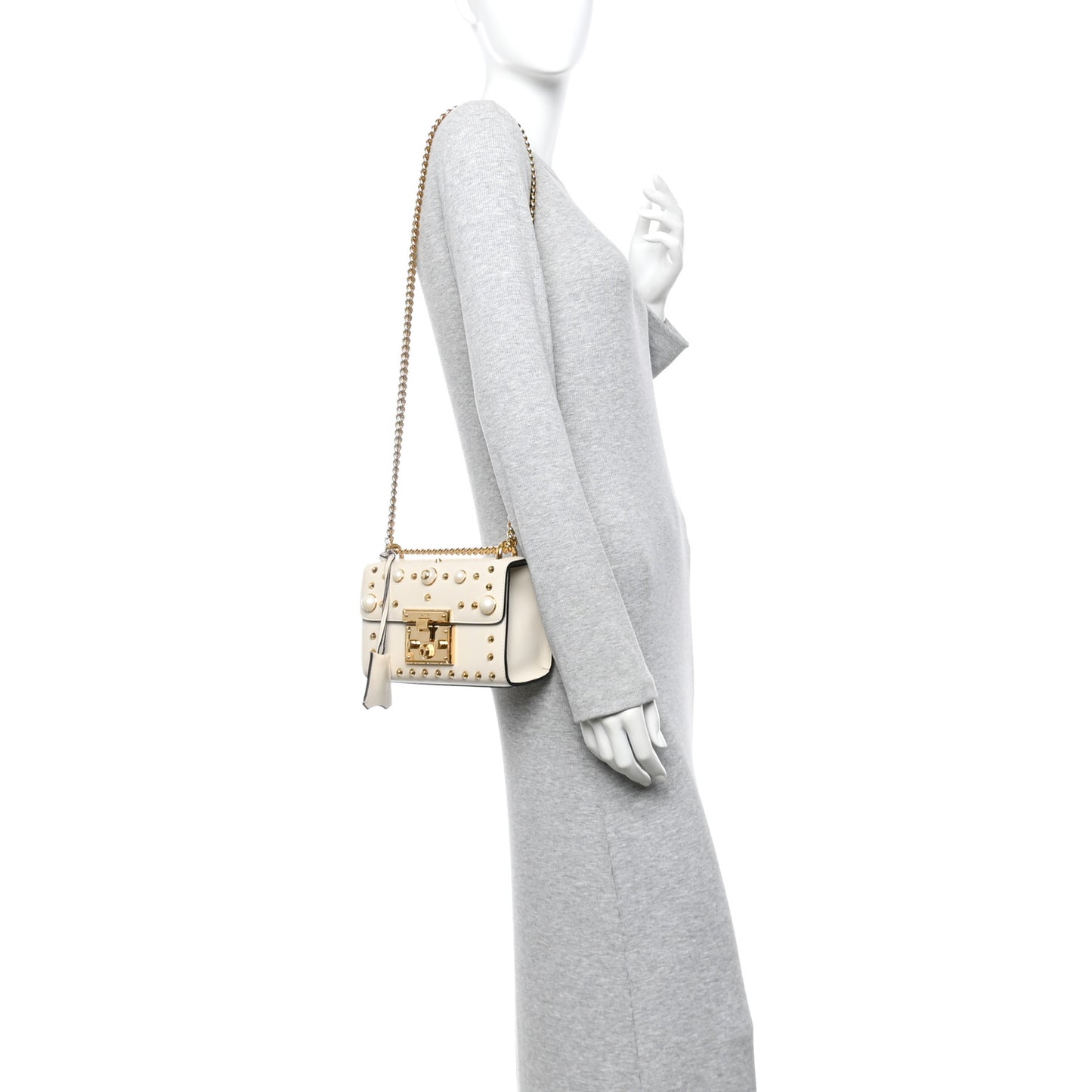 Calfskin Studded Small Padlock Shoulder Bag White