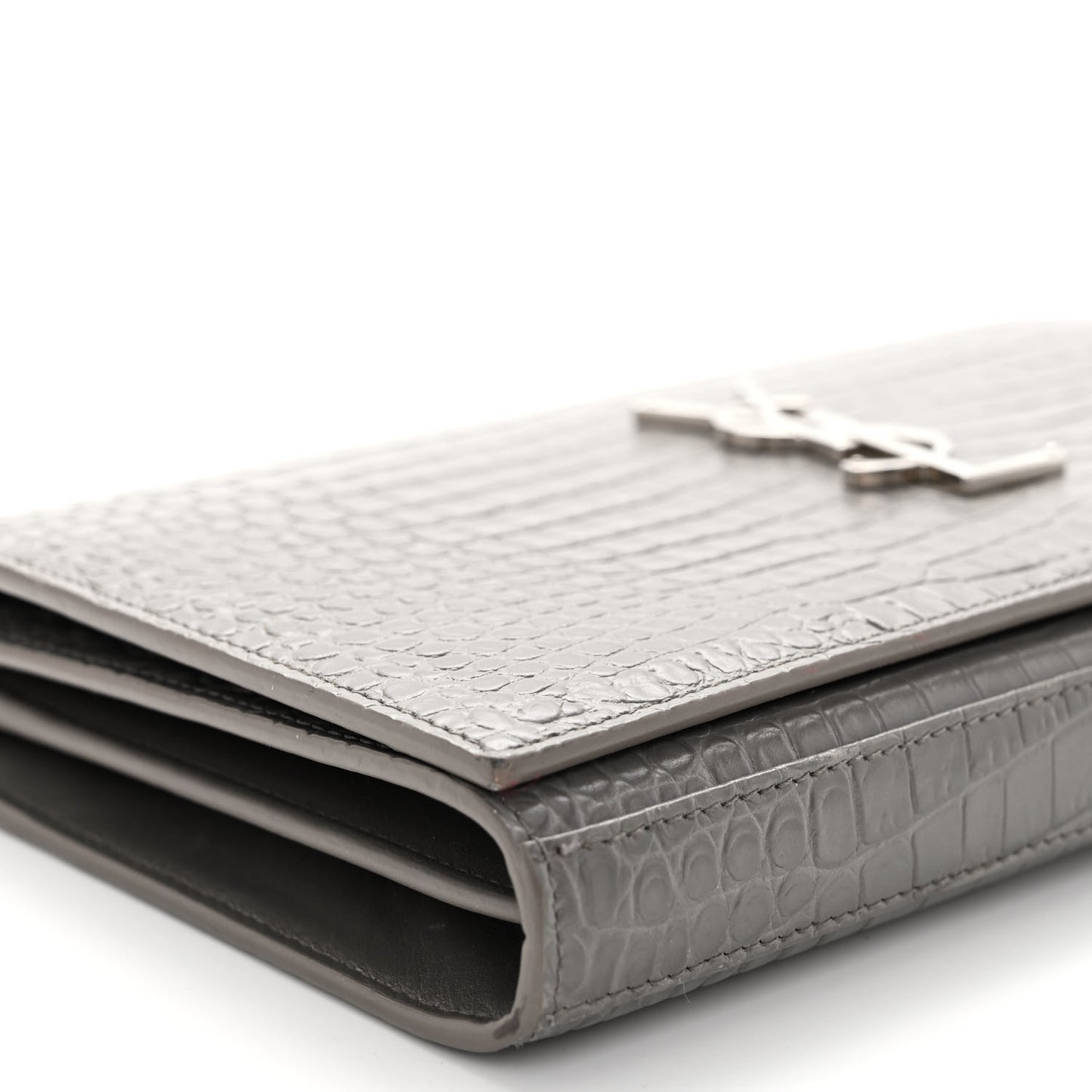 Calfskin Crocodile Embossed Monogram Chain Wallet Fog
