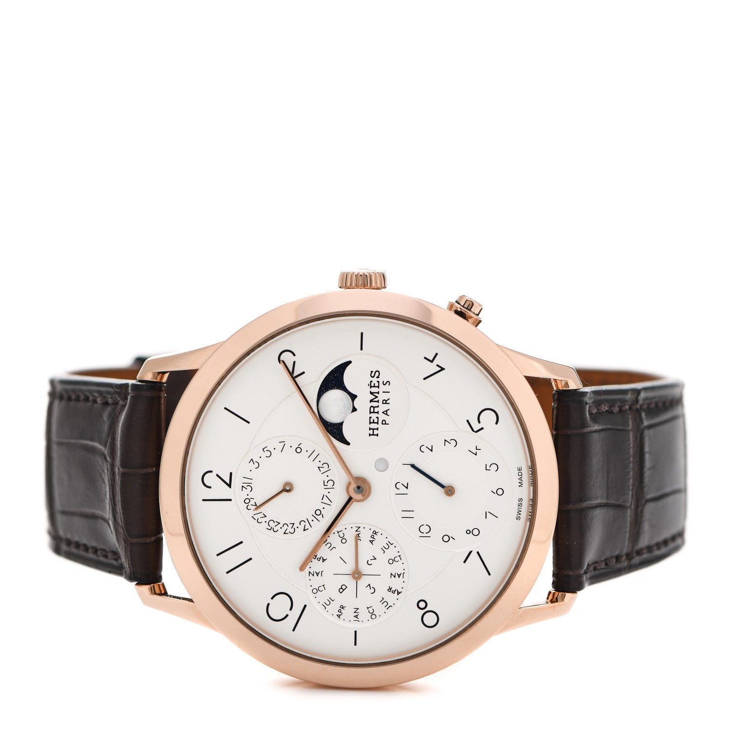 Hermes 18K Rose Gold Alligator 39.5 Slim d'Hermes Quantieme Perpetuel Automatic Watch Havane 2 of 5