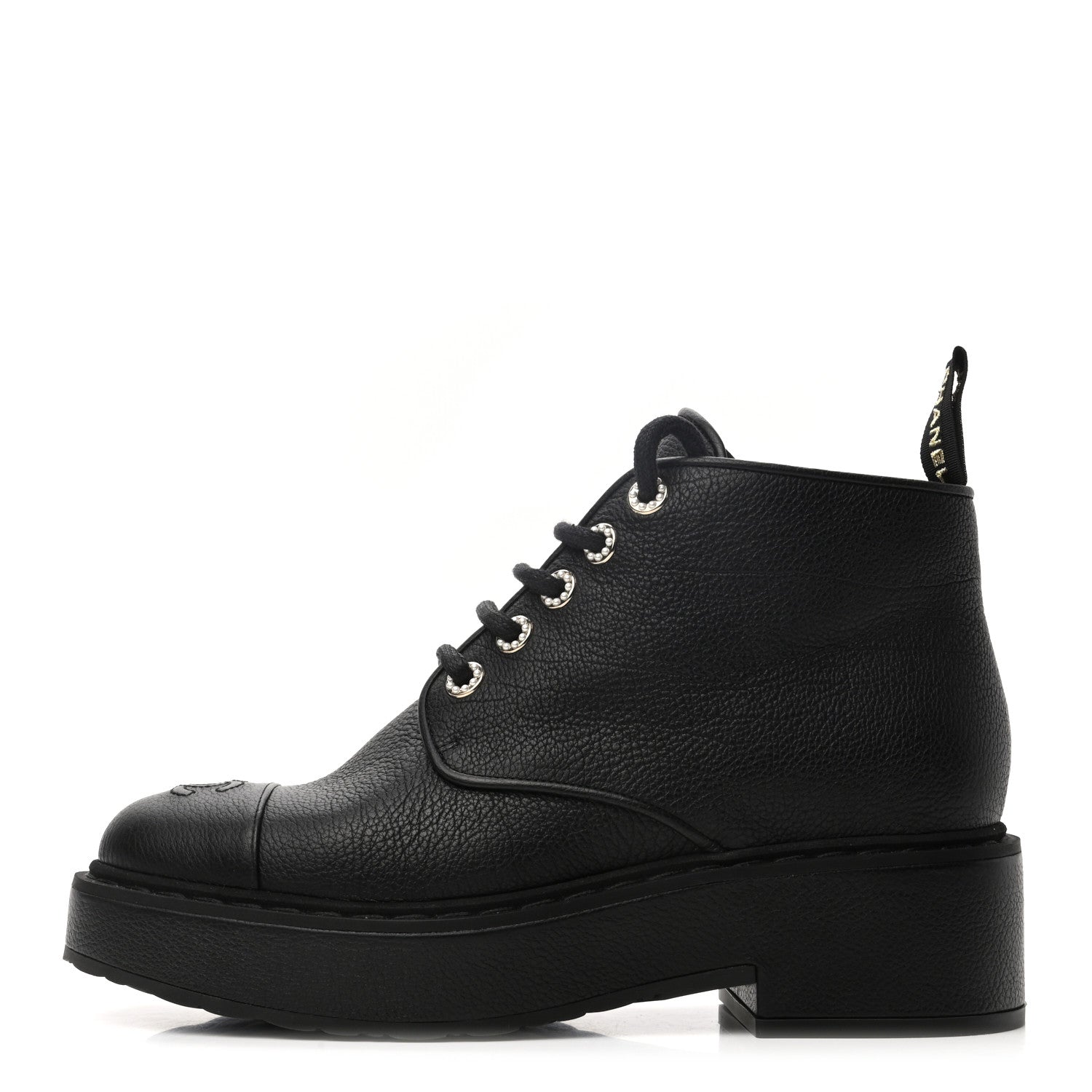Chanel Goatskin Pearl Lace Up CC Short Boots 40 Black 1 of 10