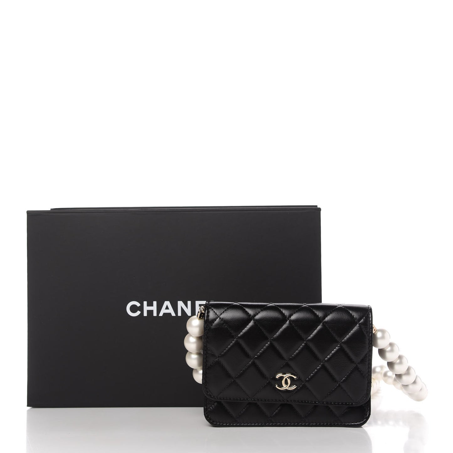Calfskin Quilted Mini Maxi Pearls Wallet On Chain WOC Black