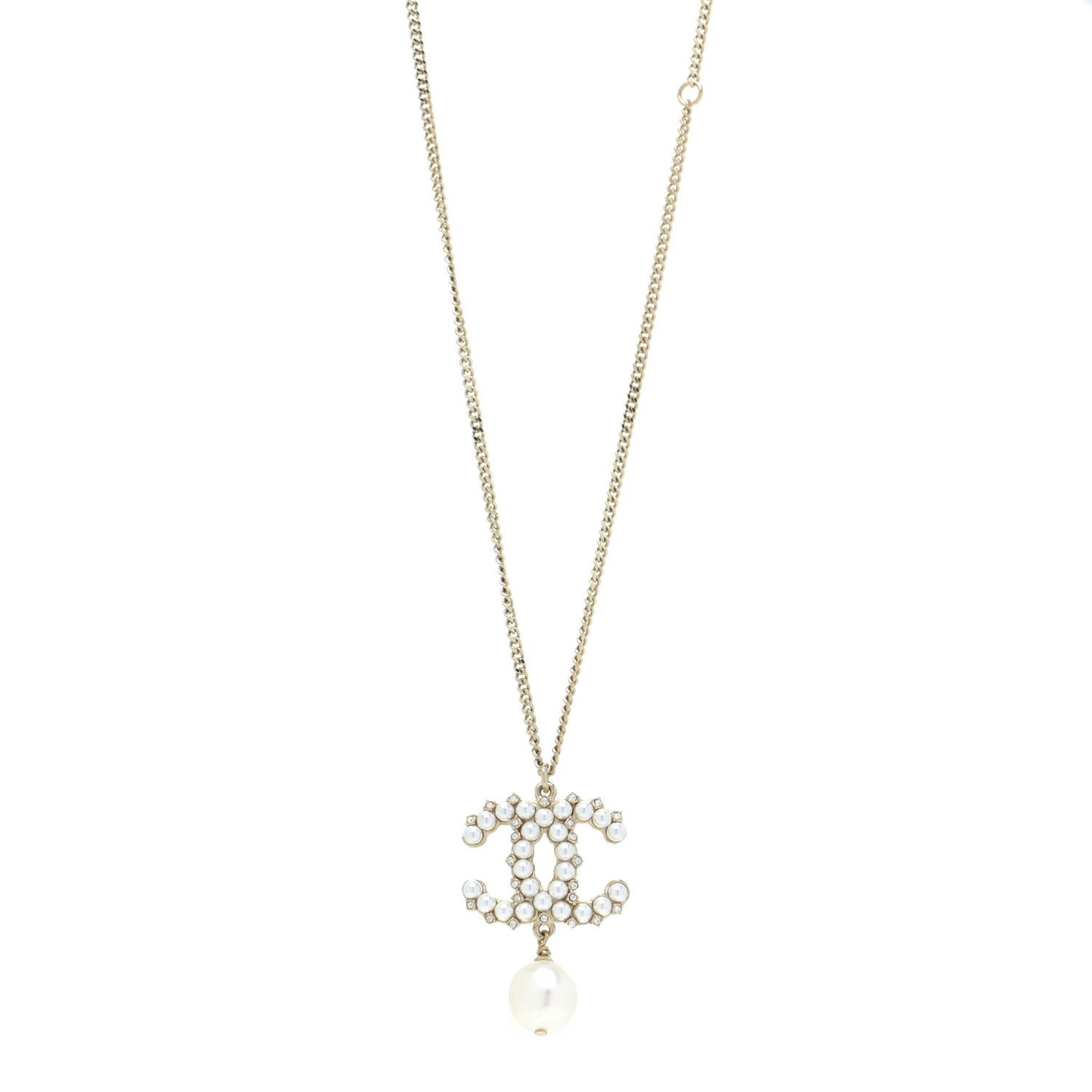 Crystal Pearl CC Drop Necklace Gold