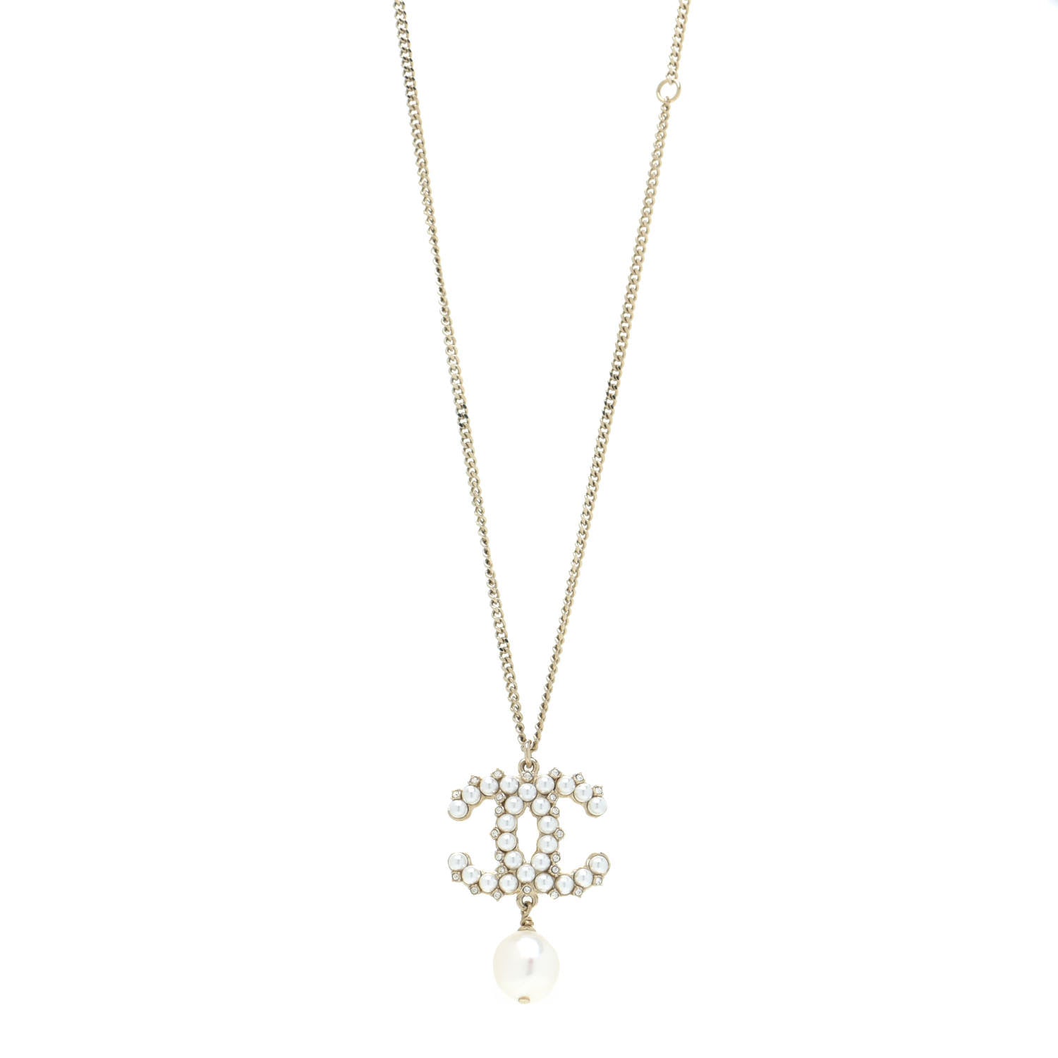 Chanel Crystal Pearl CC Drop Necklace Gold 1 of 6