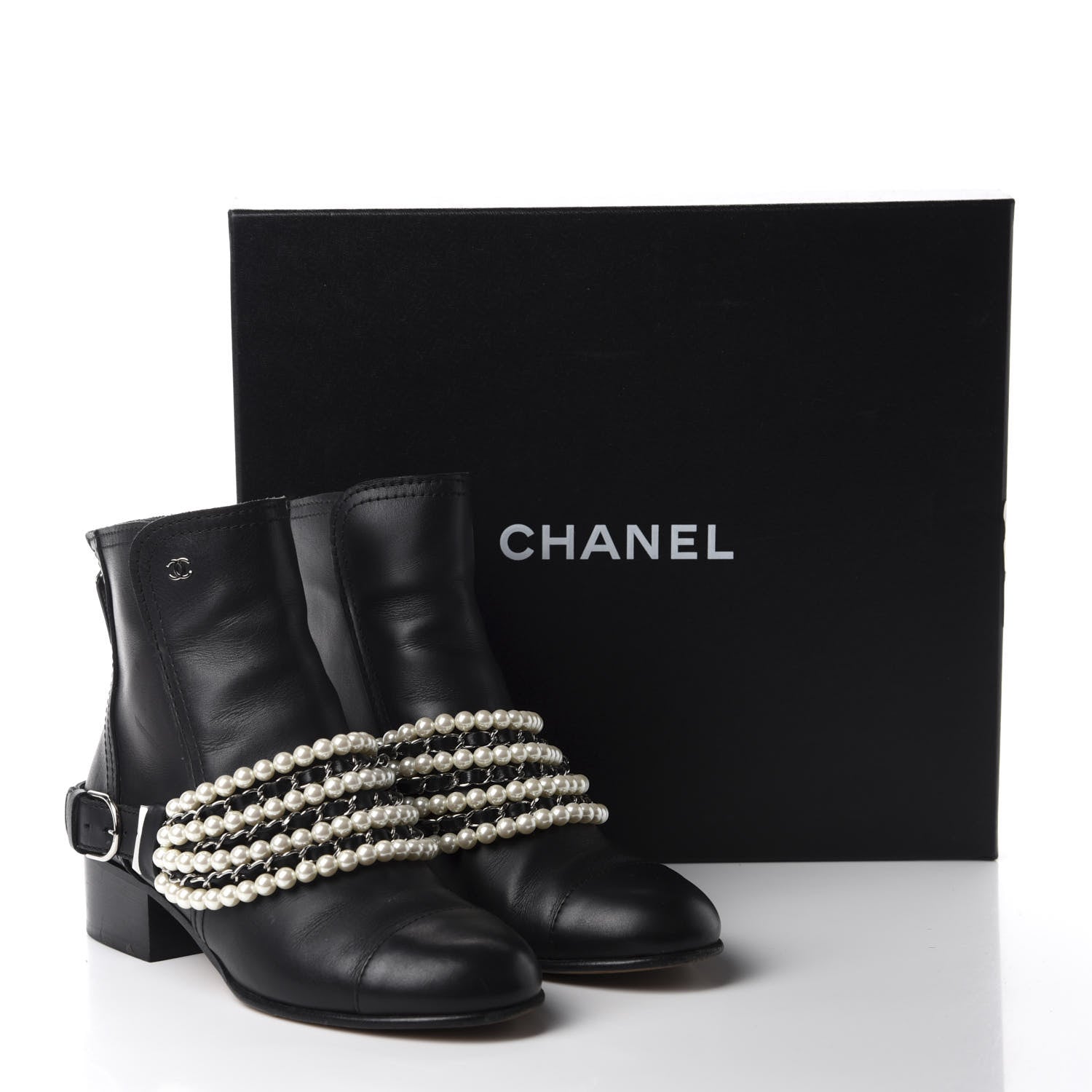 Chanel Calfskin Pearl Cap Toe Short Boots 37.5 Black 11 of 11