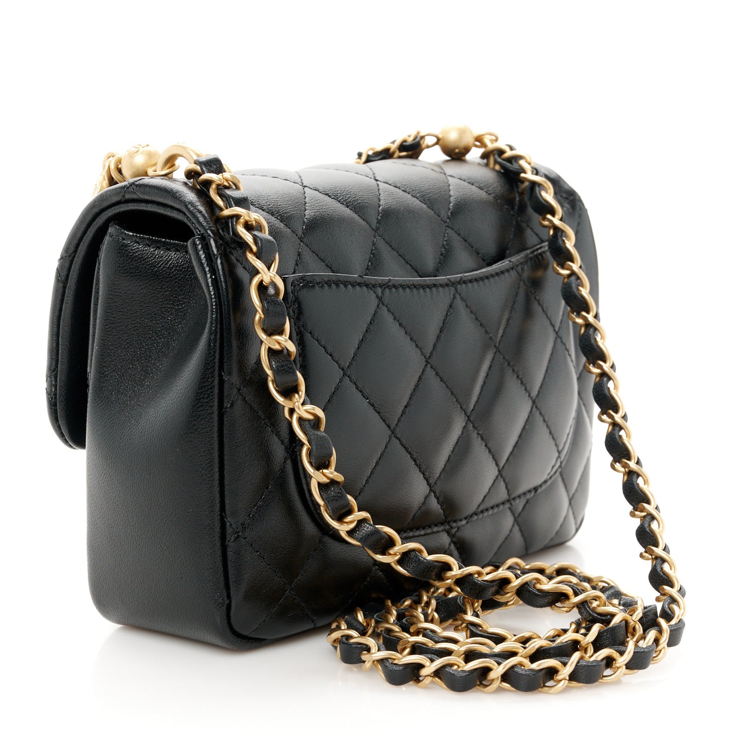 Shiny Lambskin Quilted Pearl Twist Mini Square Flap Black