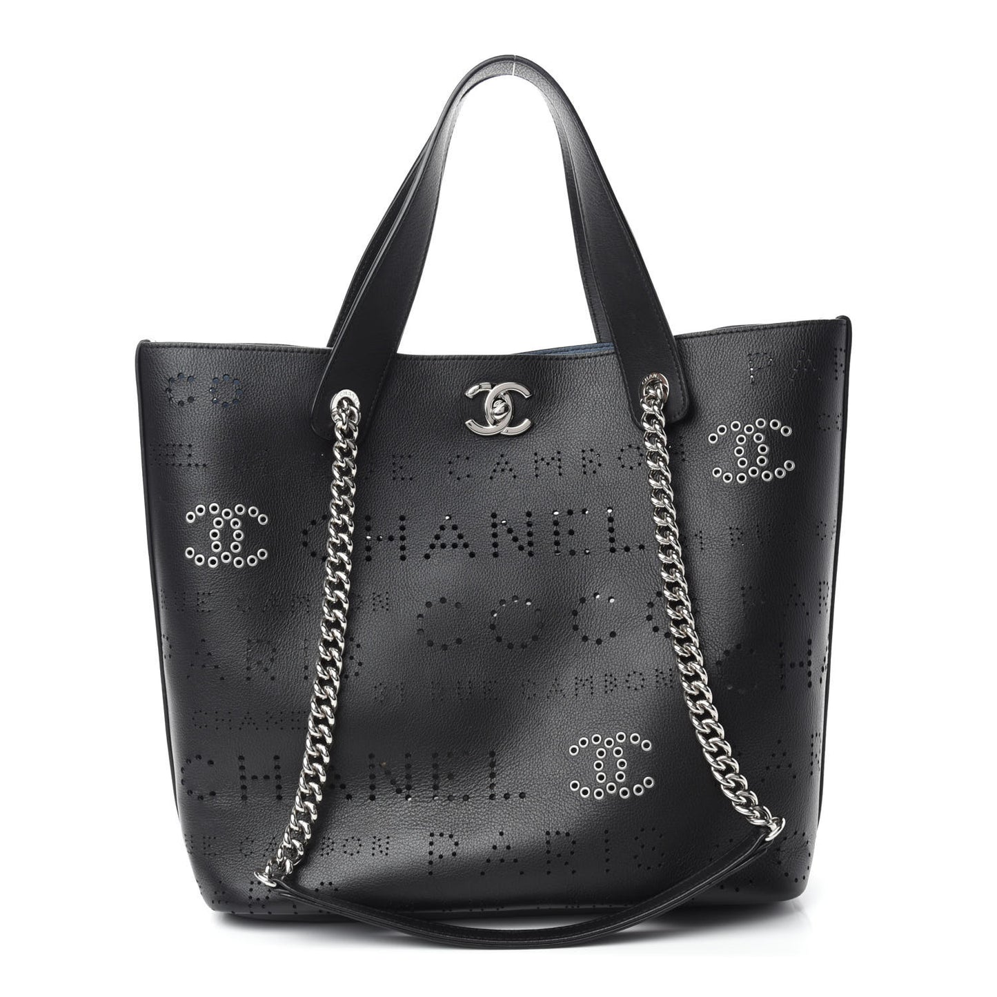 Calfskin Tweed Small Logo Eyelets Shopping Tote Black