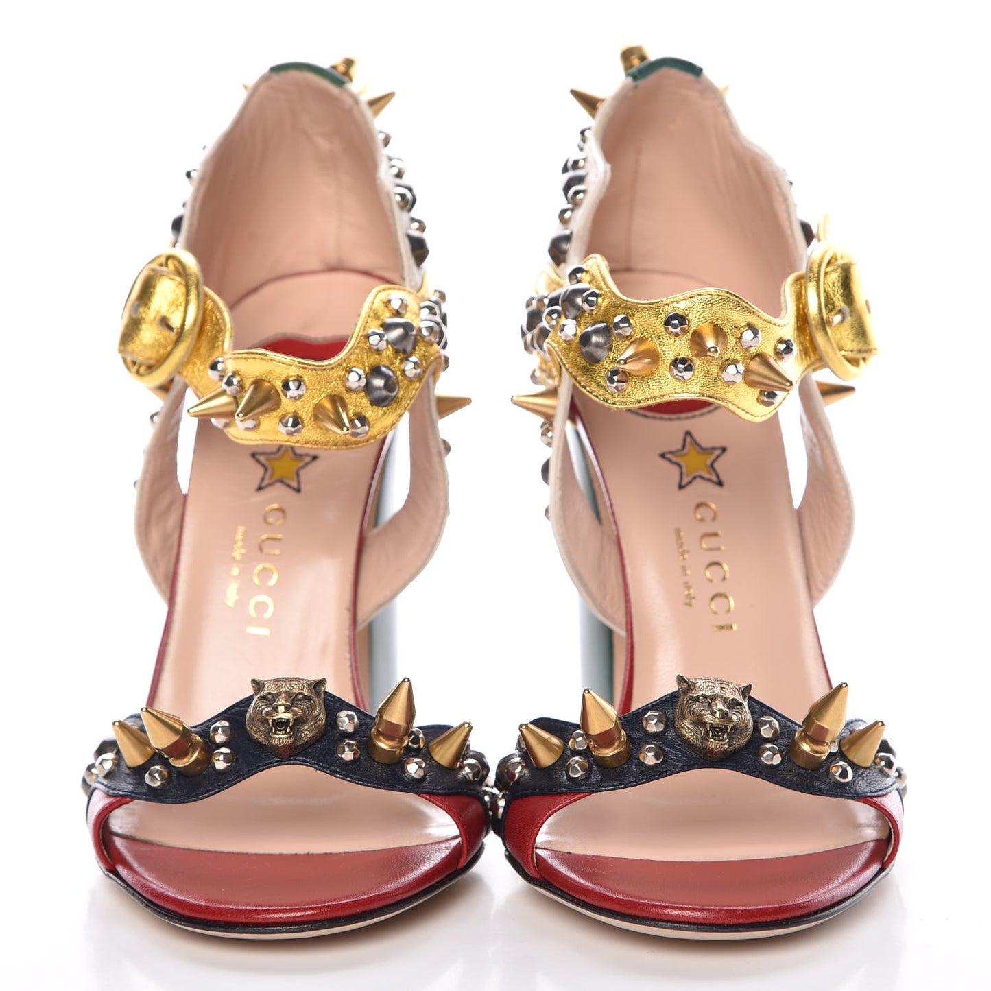 Metallic Malaga Kid Malin Embellished Studded Sandals 35 Hibiscus Red Blue Gold