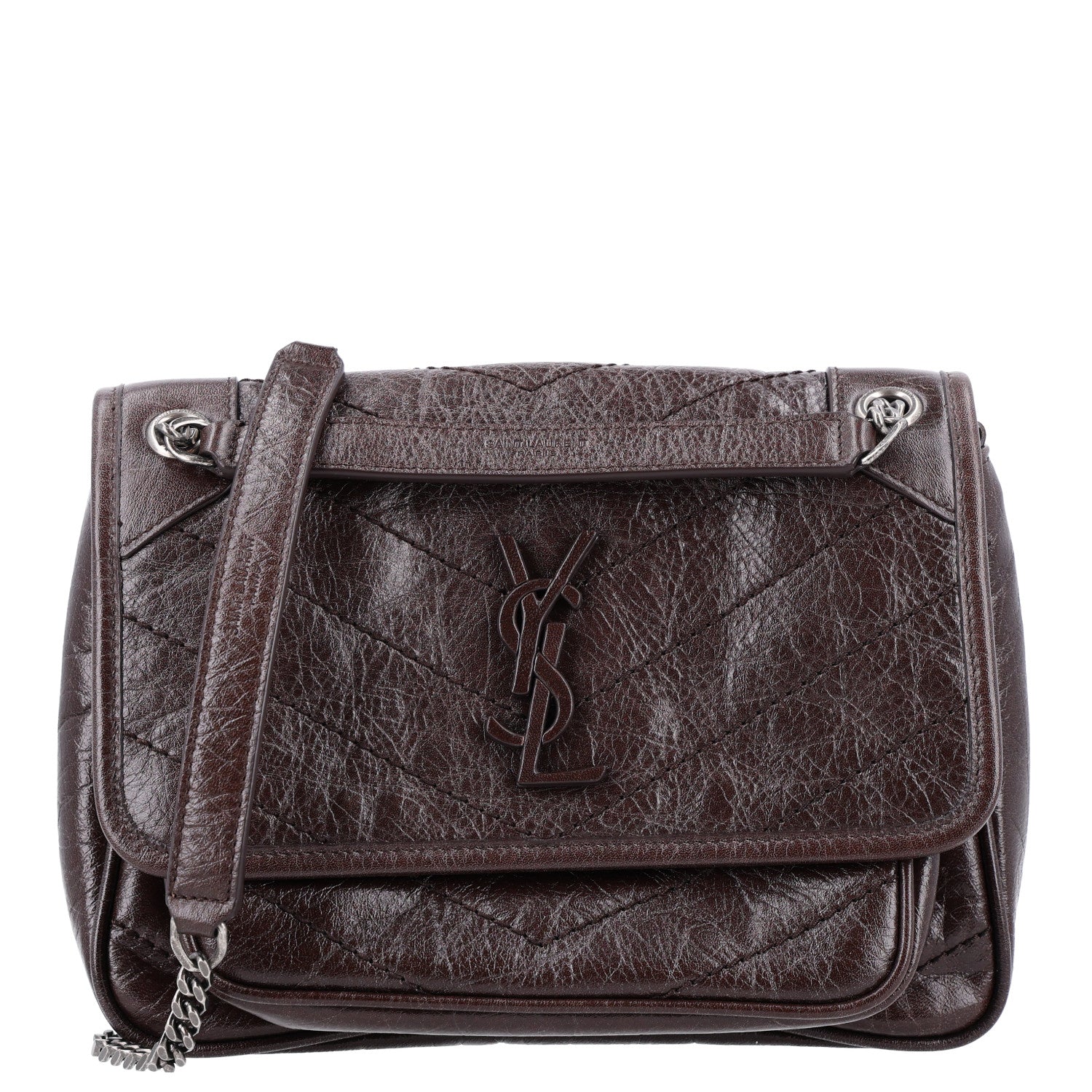 Saint Laurent Crinkled Lambskin Matelasse Monogram Baby Niki Chain Satchel Chocolate 1 of 11