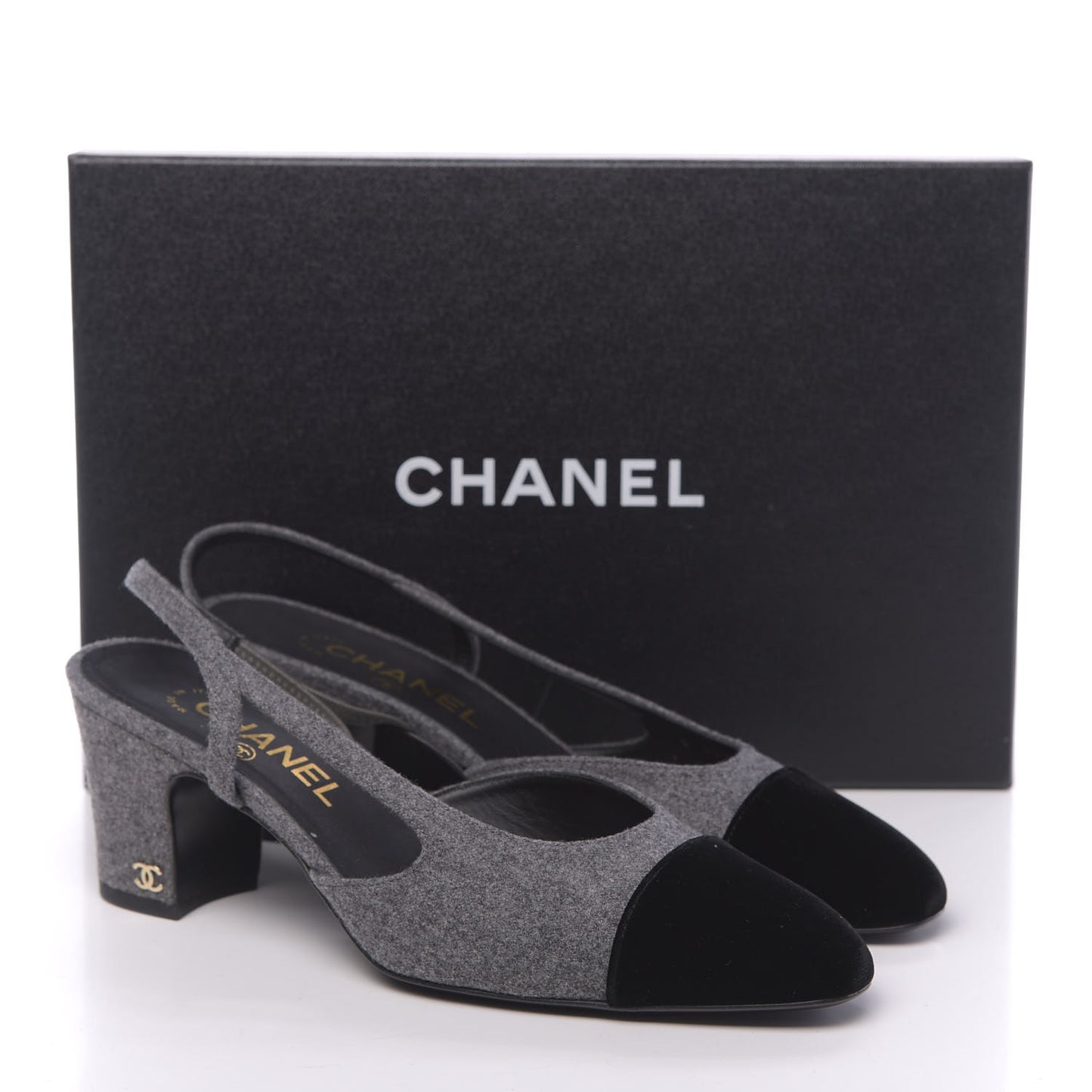 Wool Velvet Cap Toe CC Slingback Pumps 38 Black Grey
