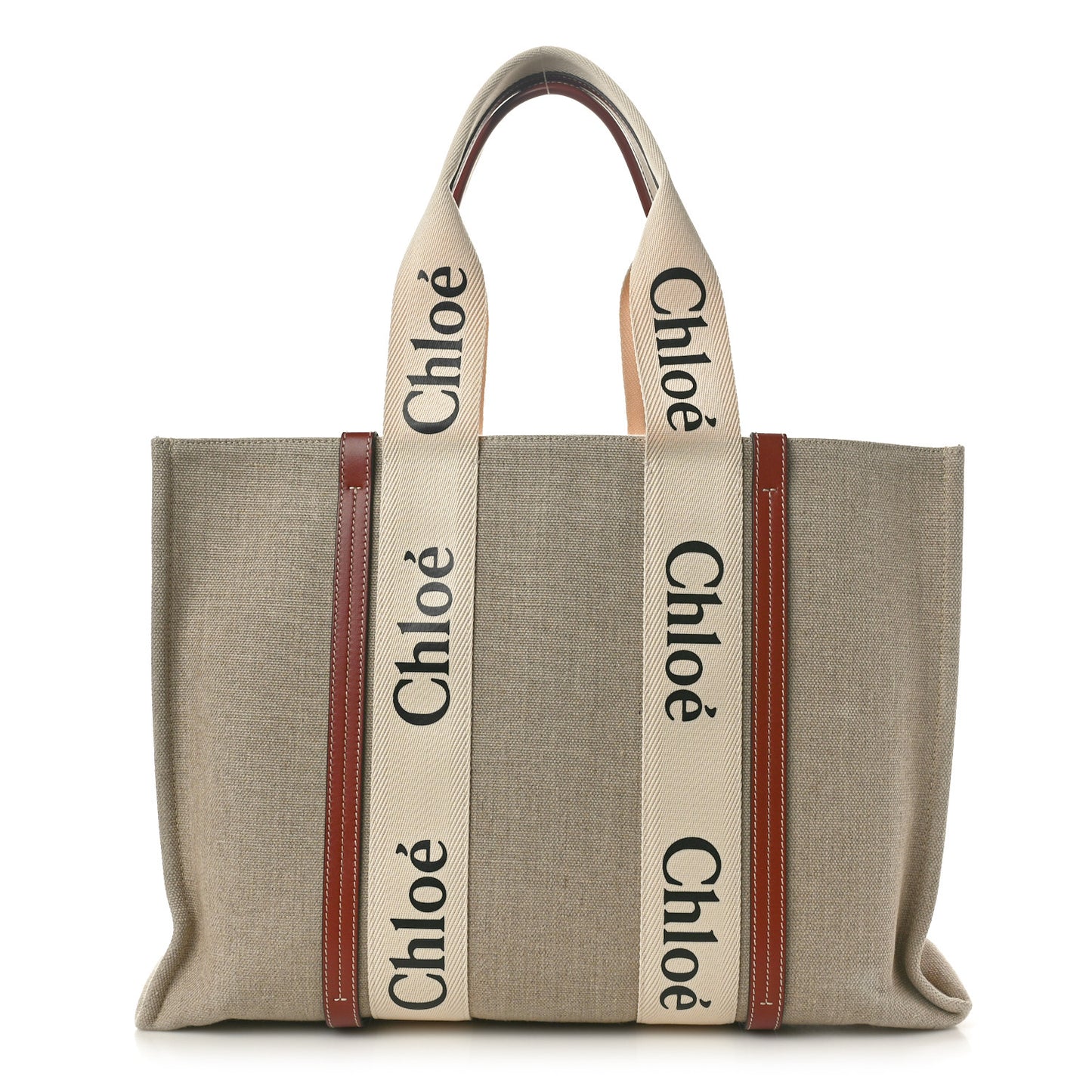 Linen Calfskin Large Woody Ribbon Tote White Brown