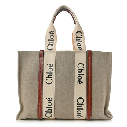 Chloe Linen Calfskin Large Woody Ribbon Tote White Brown 1 of 10