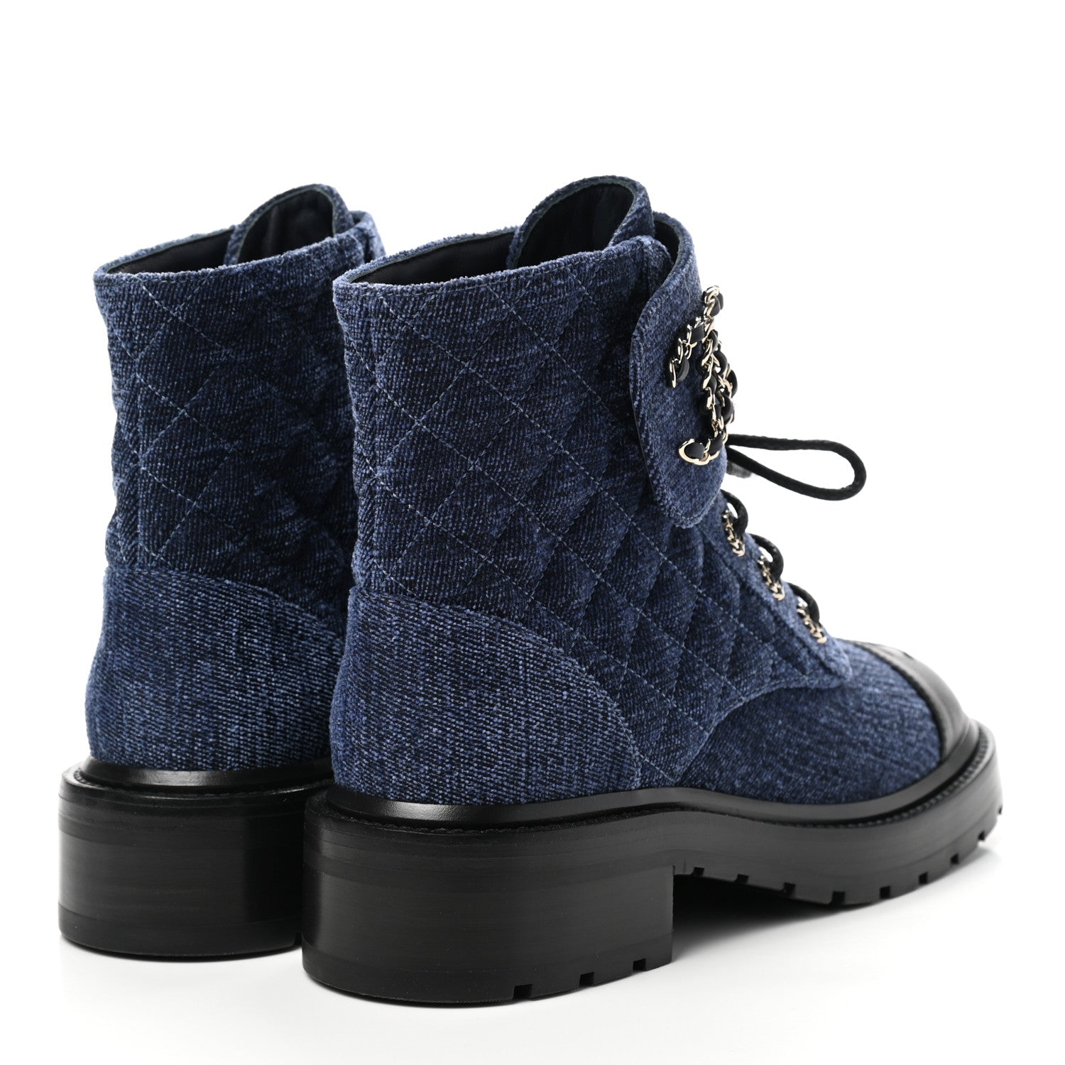 Chanel Denim Calfskin Quilted Lace Up Combat Boots 38 Blue 4 of 8