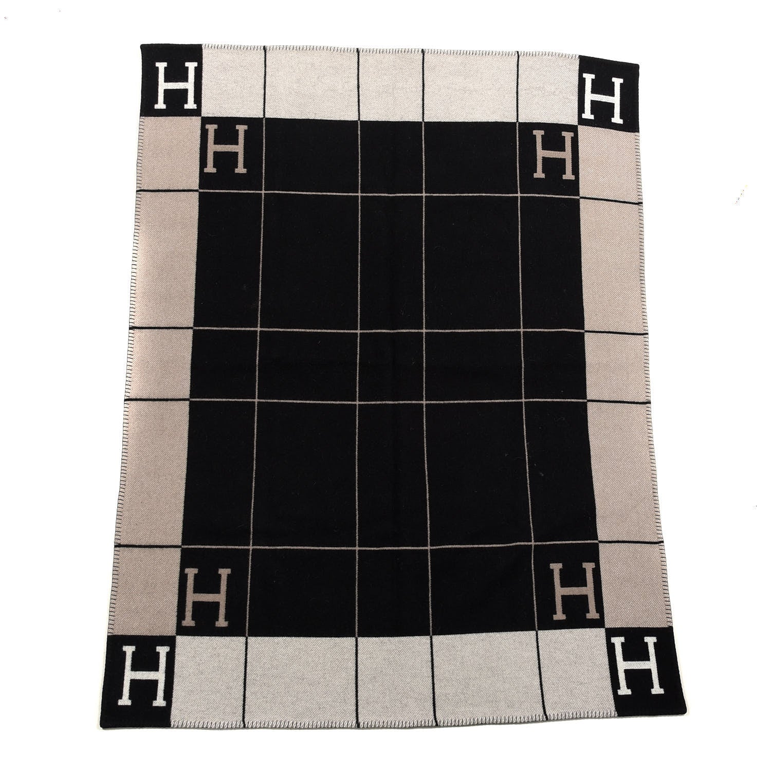 Hermes Wool Cashmere Avalon III Blanket Ecru Black 1 of 4