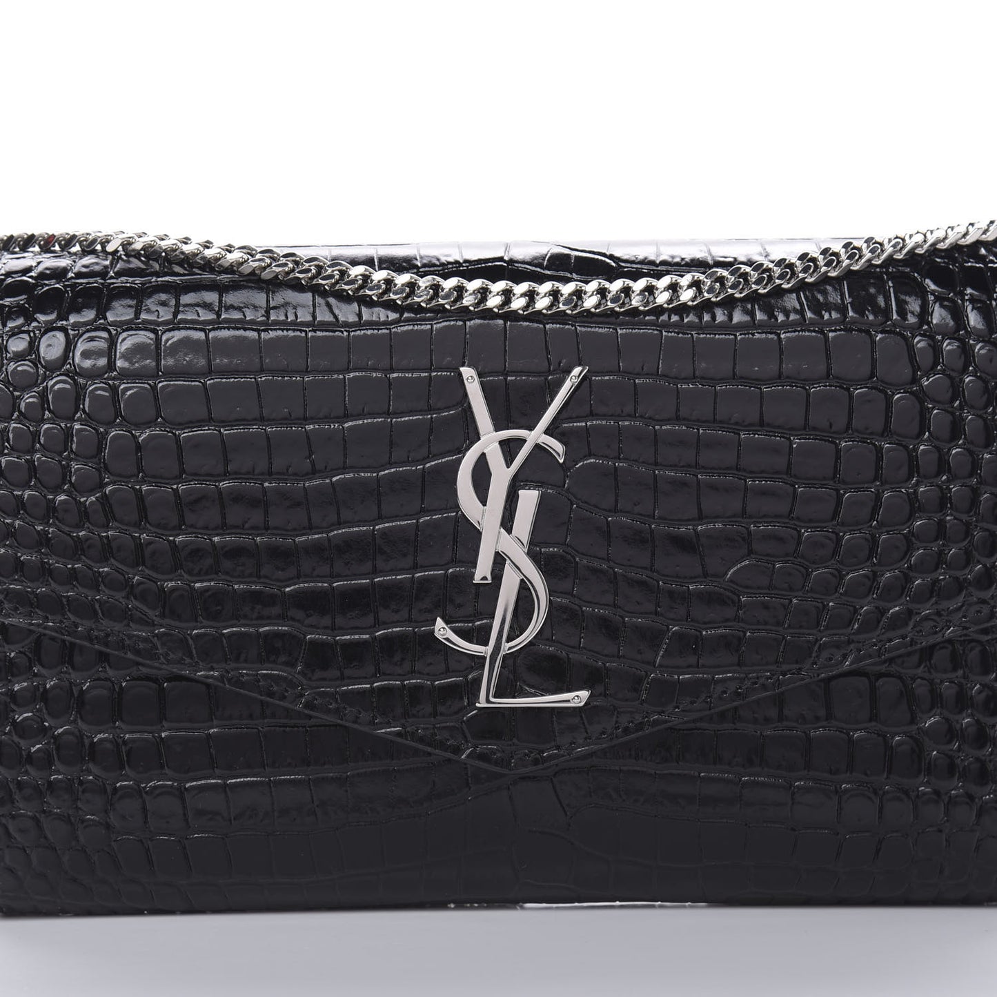 Calfskin Crocodile Embossed Monogram Uptown Chain Wallet Black