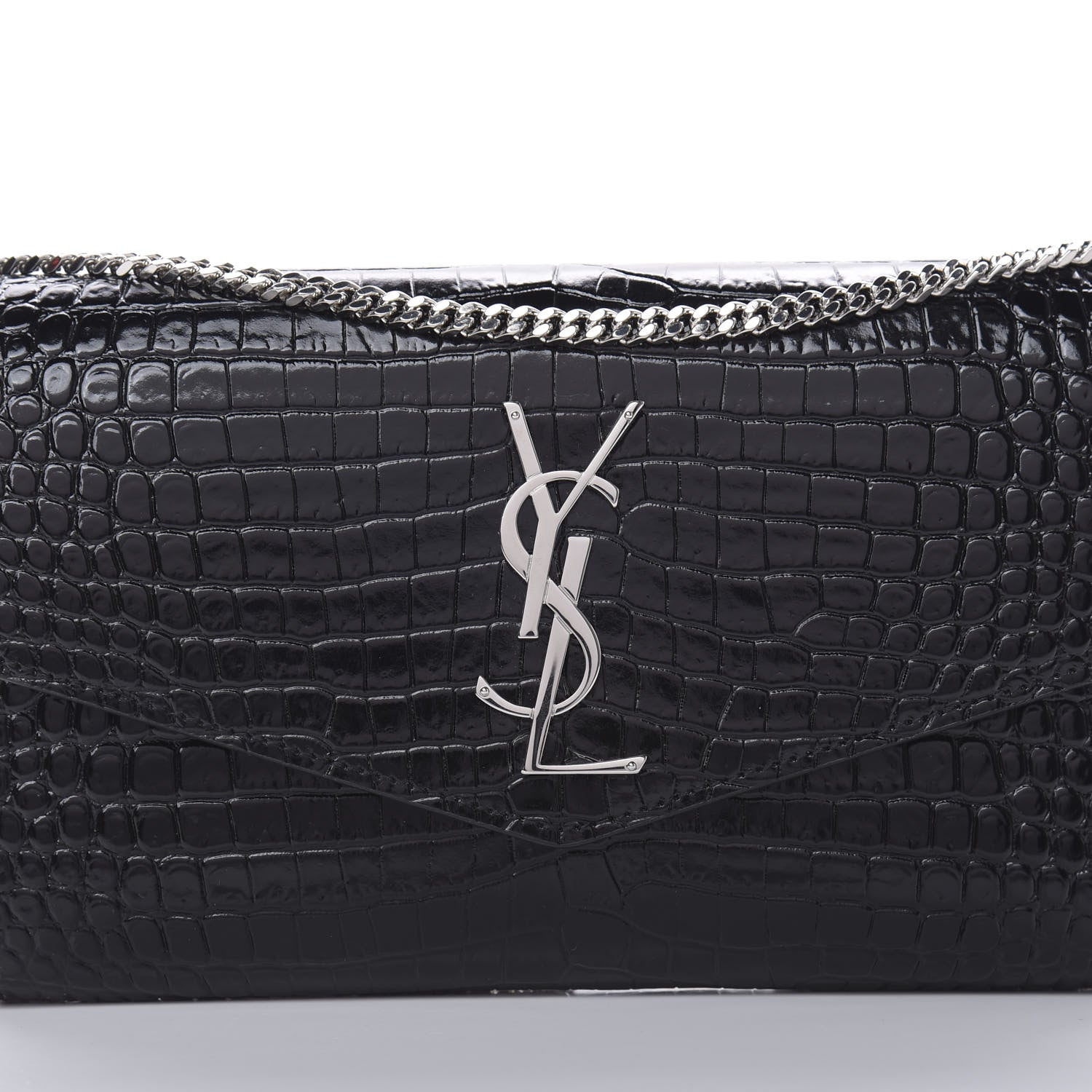 Saint Laurent Calfskin Crocodile Embossed Monogram Uptown Chain Wallet Black 9 of 12
