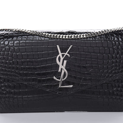 Saint Laurent Calfskin Crocodile Embossed Monogram Uptown Chain Wallet Black 9 of 12