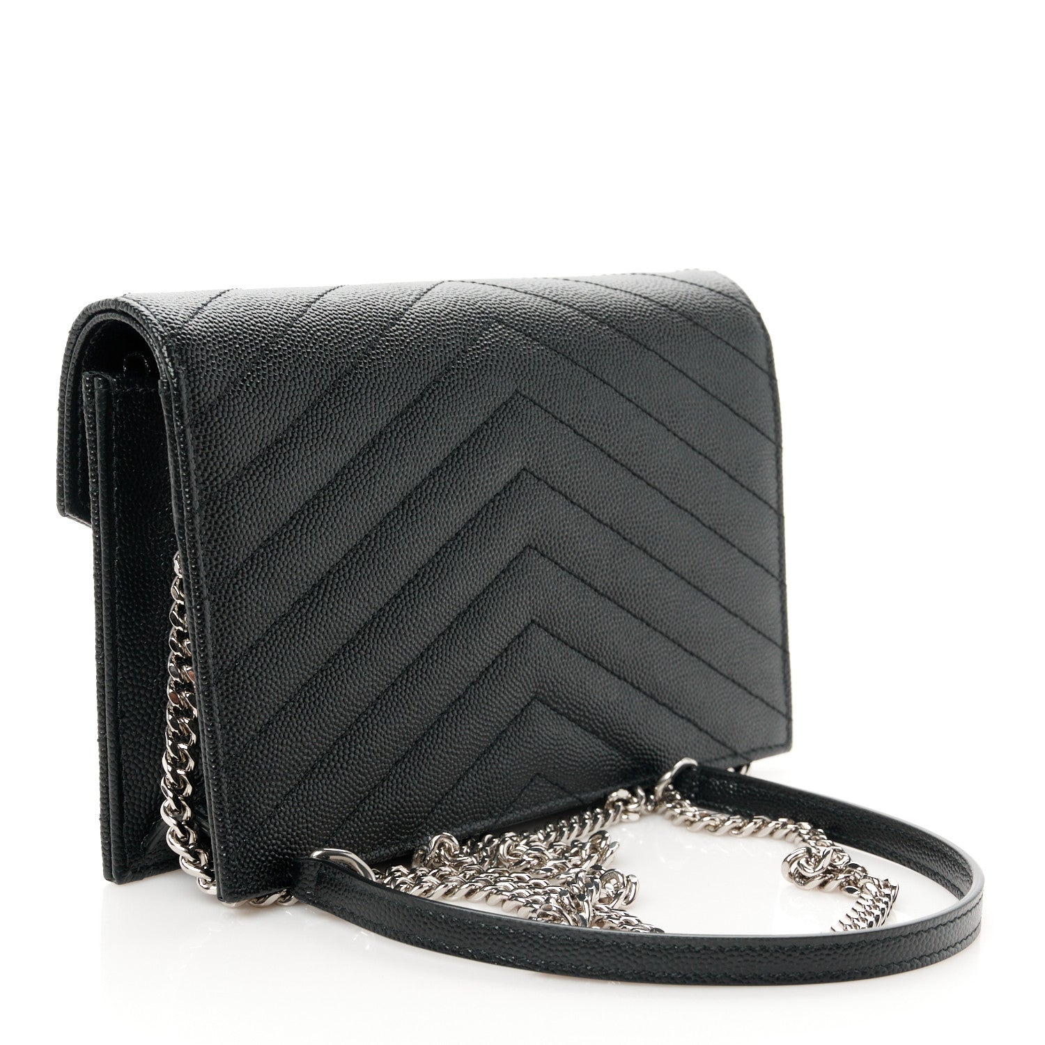 Saint Laurent Grain De Poudre Matelasse Chevron Monogram Envelope Chain Wallet Black 3 of 10