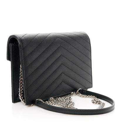 Saint Laurent Grain De Poudre Matelasse Chevron Monogram Envelope Chain Wallet Black 3 of 10