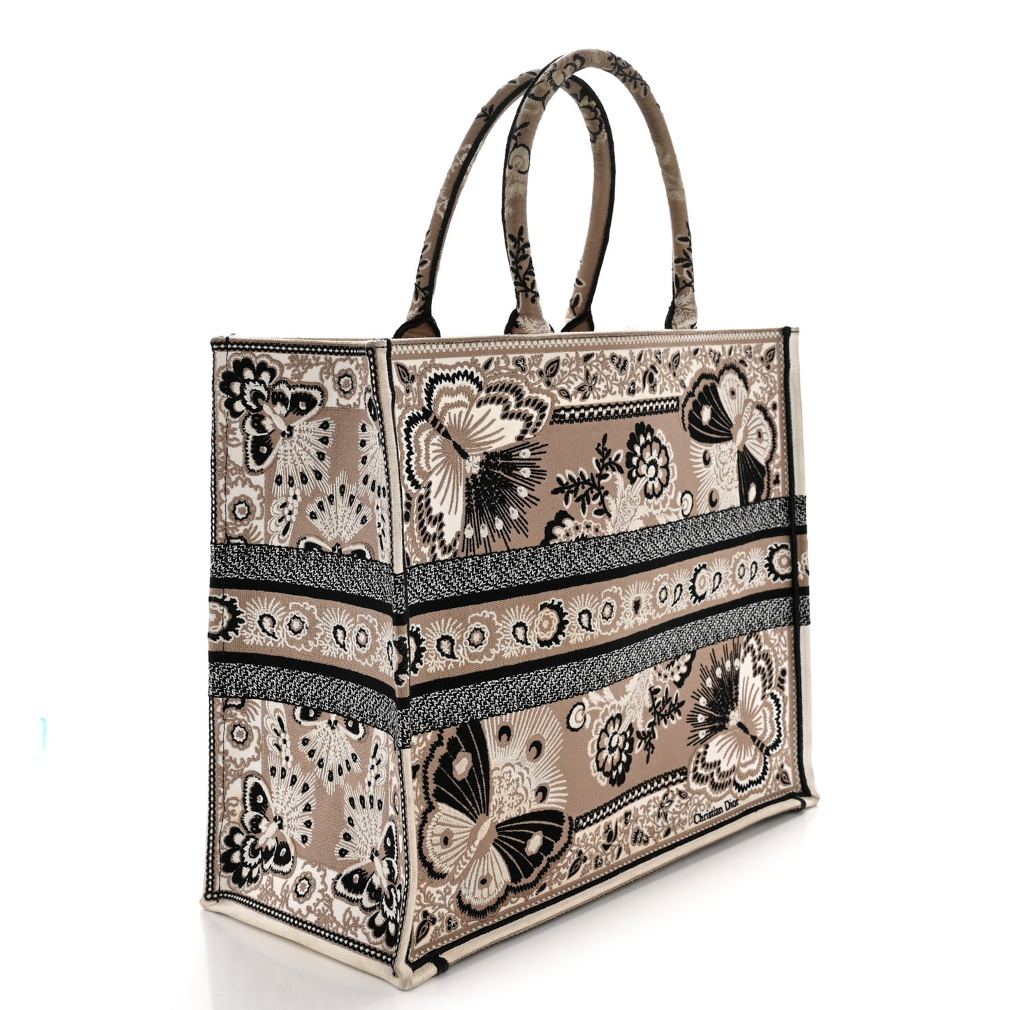 Canvas Embroidered Large Butterfly Bandana Book Tote Beige Multicolor
