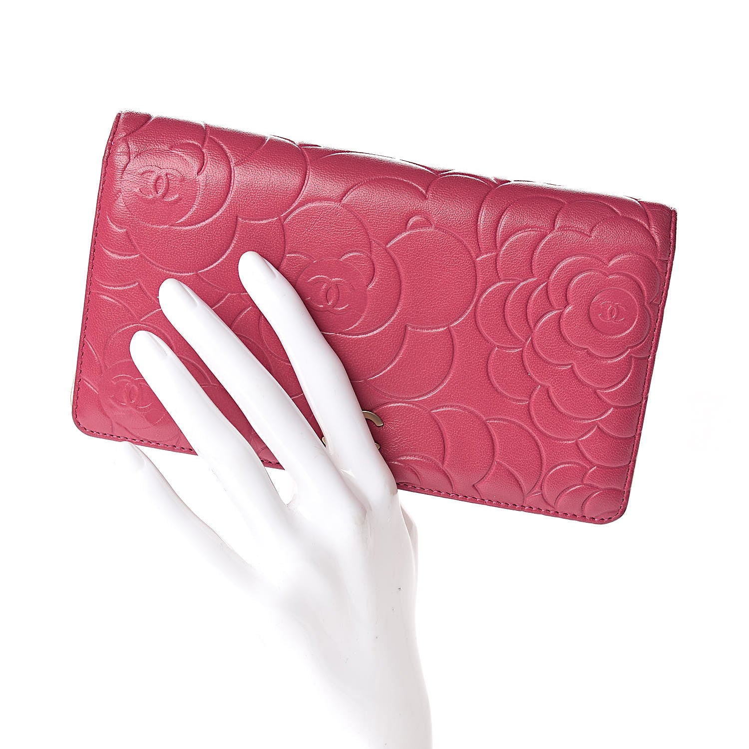 Chanel Lambskin Camellia Embossed Yen Wallet Fuchsia 2 of 12