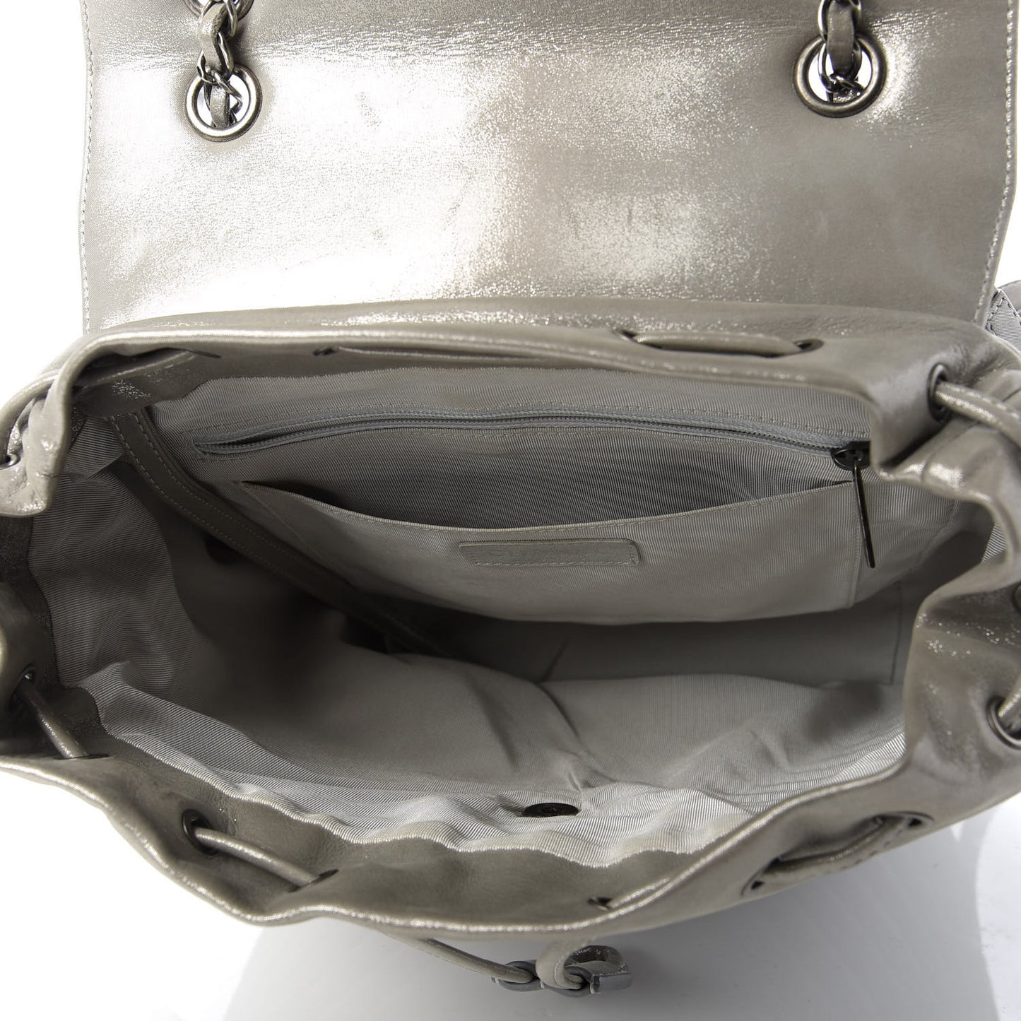 Metallic Iridescent Calfskin Chevron Quilted Small Urban Spirit Backpack Silver