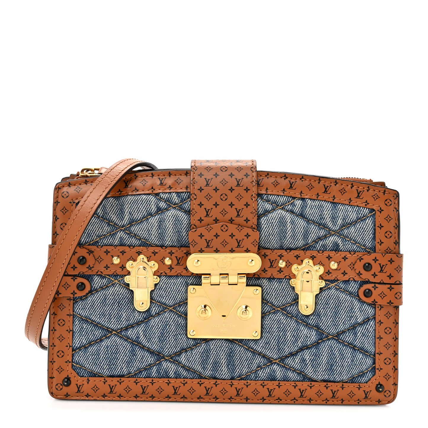 Denim Calfskin Malletage Trunk Clutch Light Blue