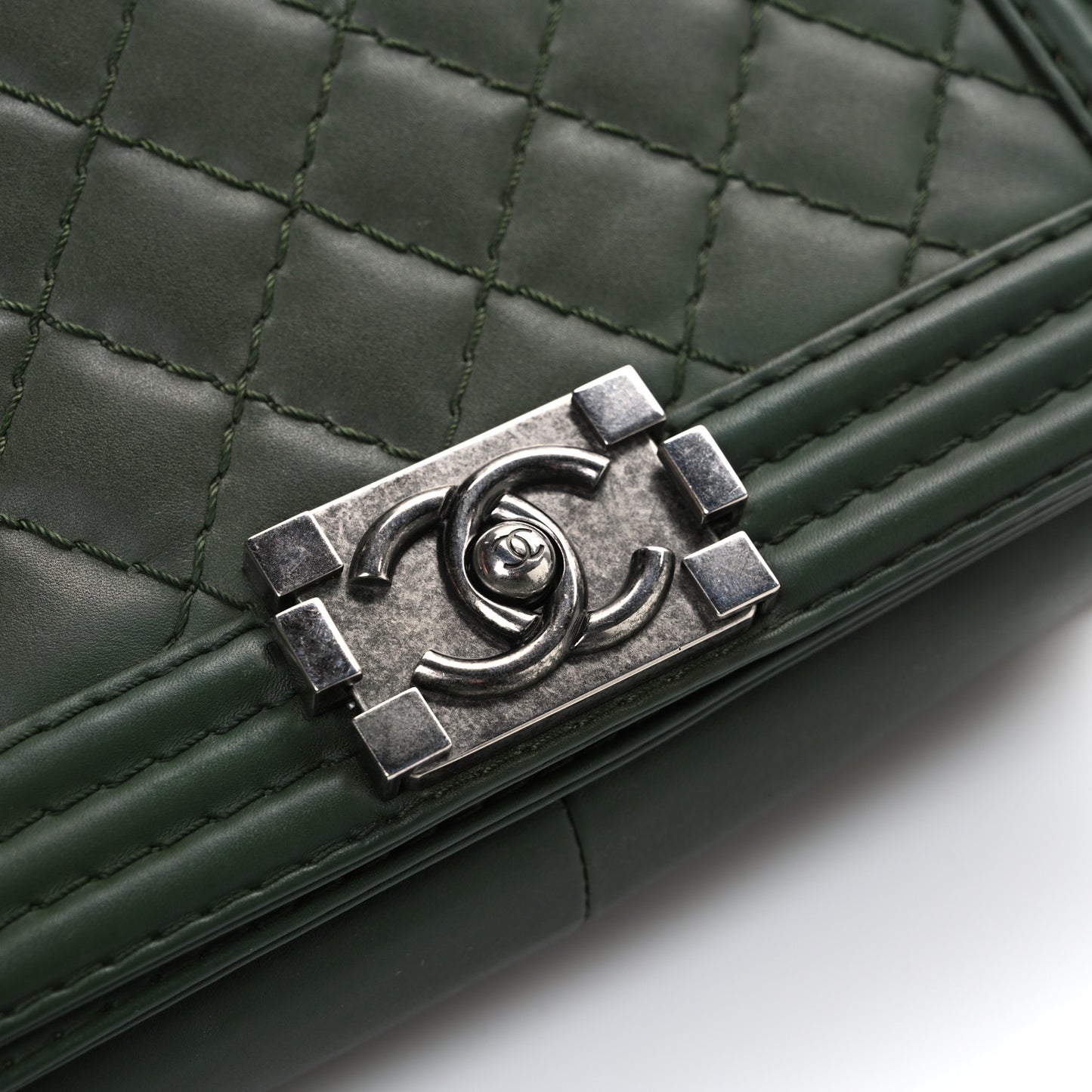 Calfskin Quilted Double Stitch Medium Boy Flap Green