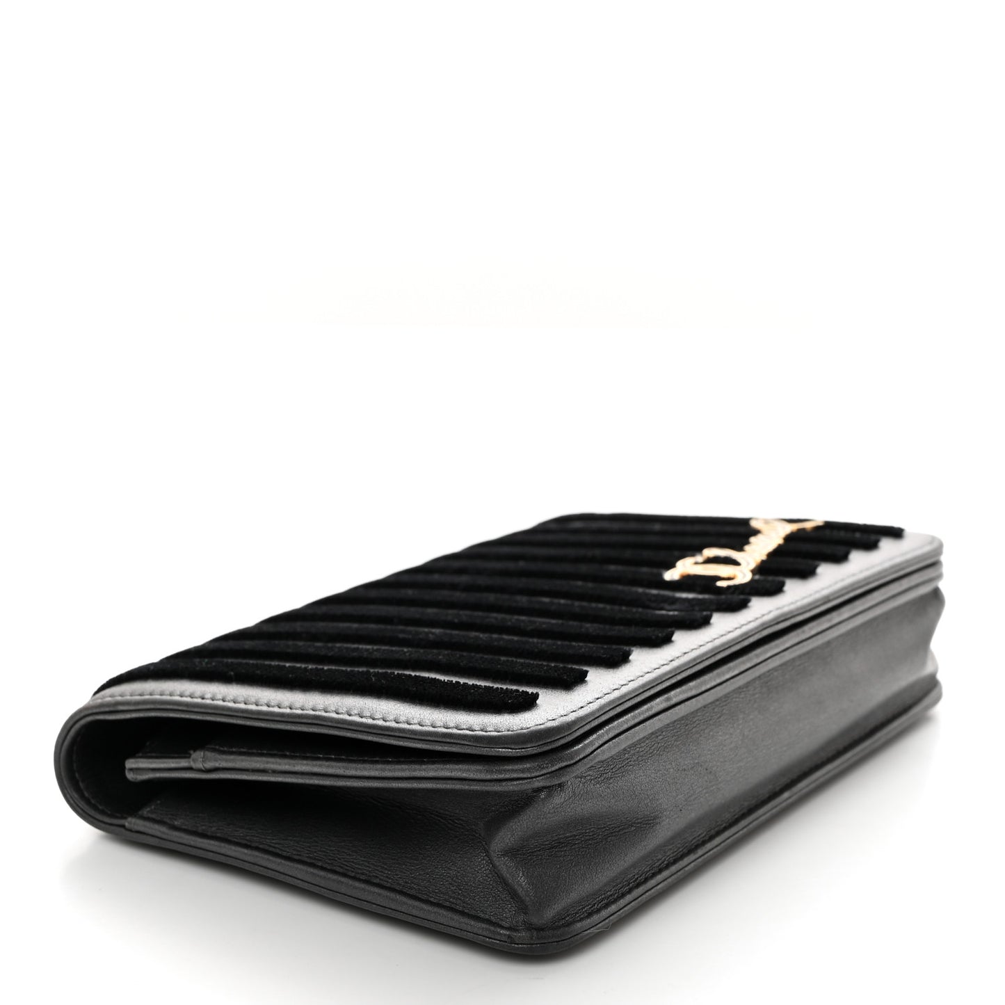 Iridescent Calfskin Velvet Stripe Wallet On Chain WOC Charcoal