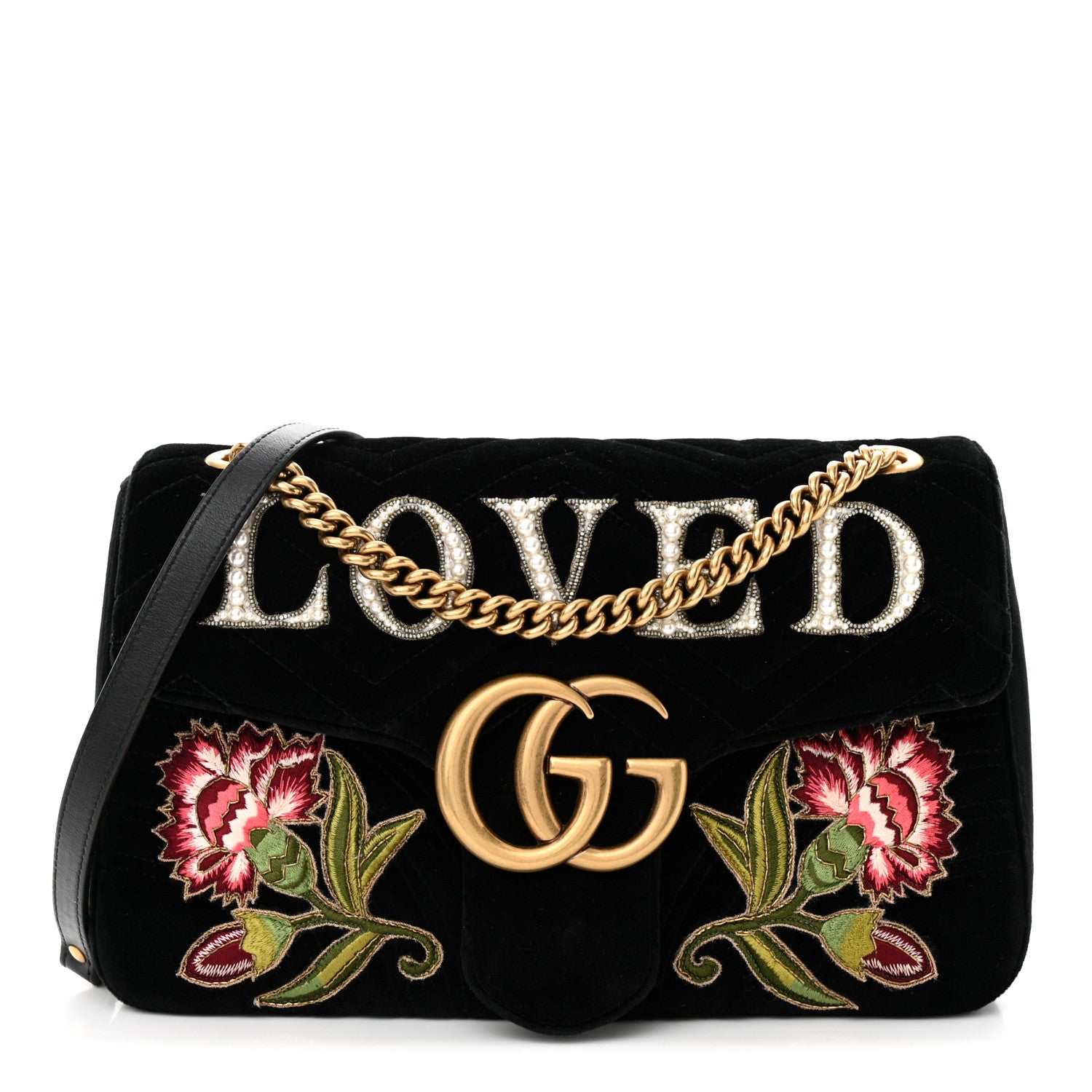 Gucci Velvet Matelasse Loved Embroidered Medium GG Marmont Shoulder Bag Black 1 of 10