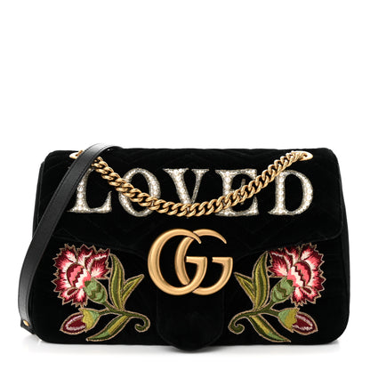 Gucci Velvet Matelasse Loved Embroidered Medium GG Marmont Shoulder Bag Black 1 of 10