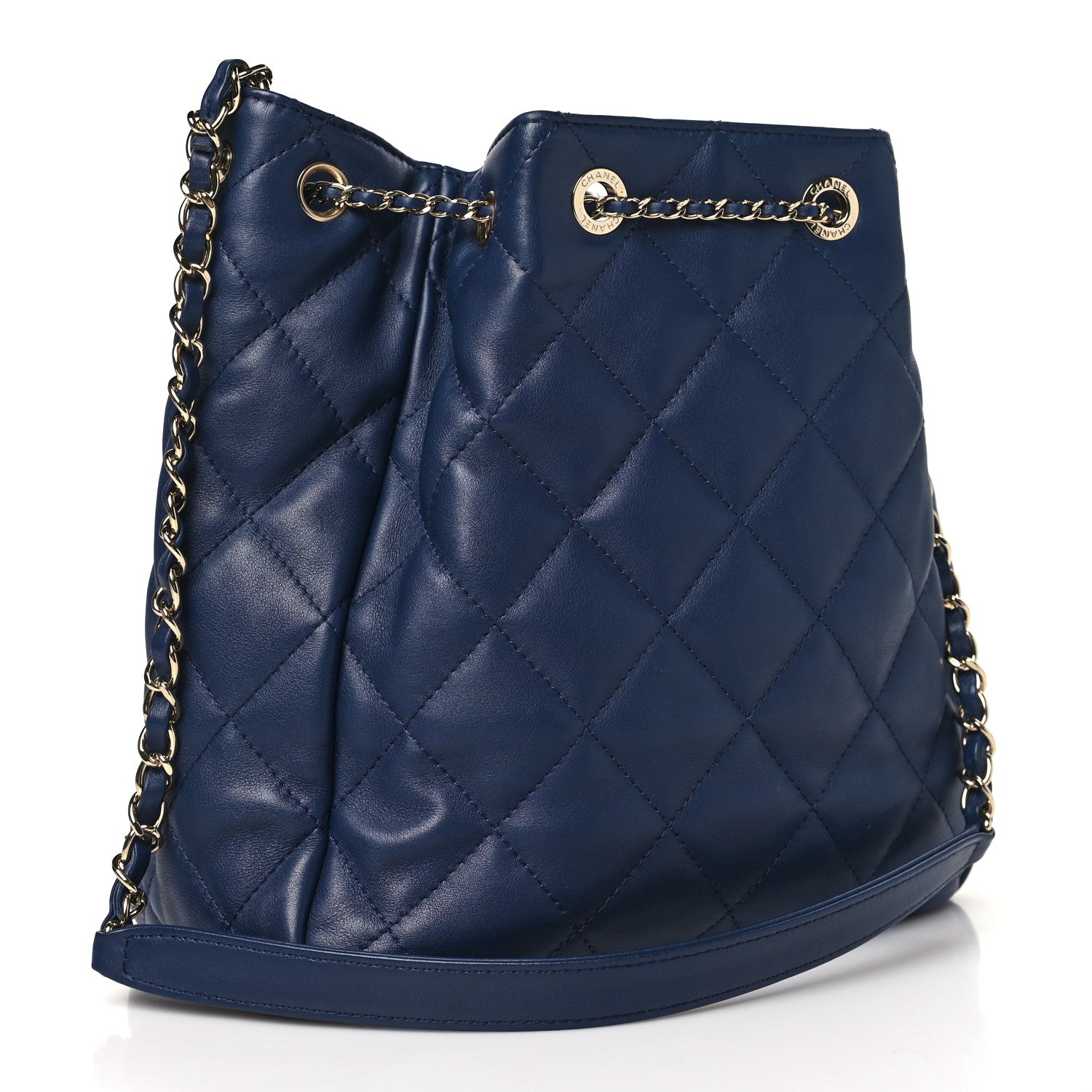 Chanel Lambskin Quilted Chain Drawstring Bag Navy Blue 3 of 10