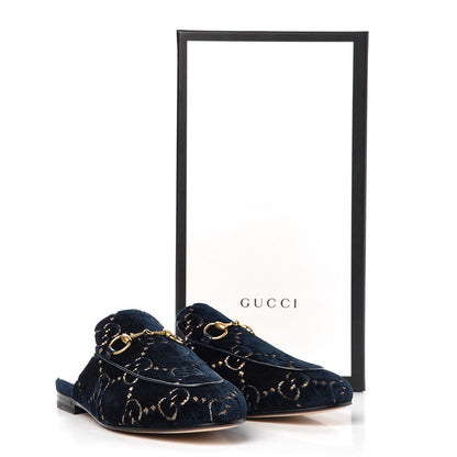 Gucci Velvet GG Monogram Womens Princetown Slippers 36 Blue Beige 8 of 8