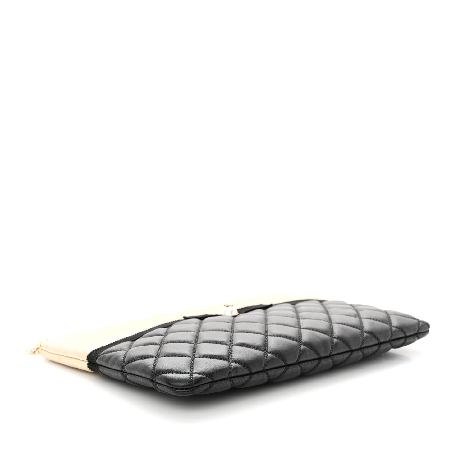 Metallic Goatskin Lambskin Grosgrain Pearl CC Medium Cosmetic Case Black Gold