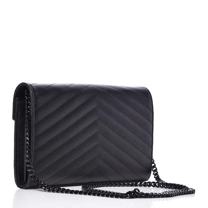 Saint Laurent Grain De Poudre Matelasse Chevron Monogram Chain Wallet Black 3 of 8