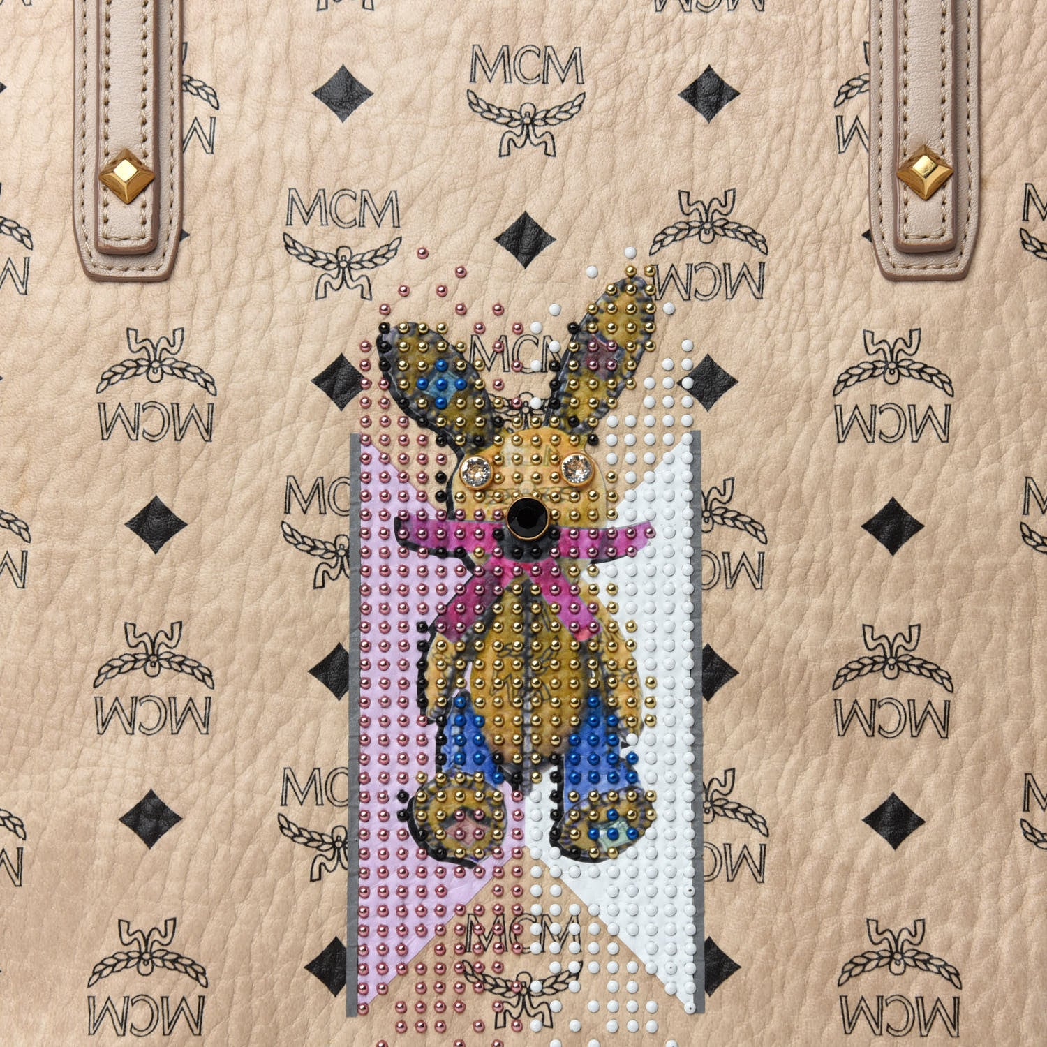 MCM Visetos Medium Studded Rabbit Top Zip Shopper Tote Beige 10 of 13