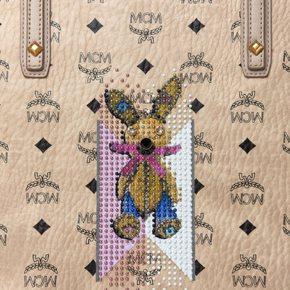 MCM Visetos Medium Studded Rabbit Top Zip Shopper Tote Beige 10 of 13