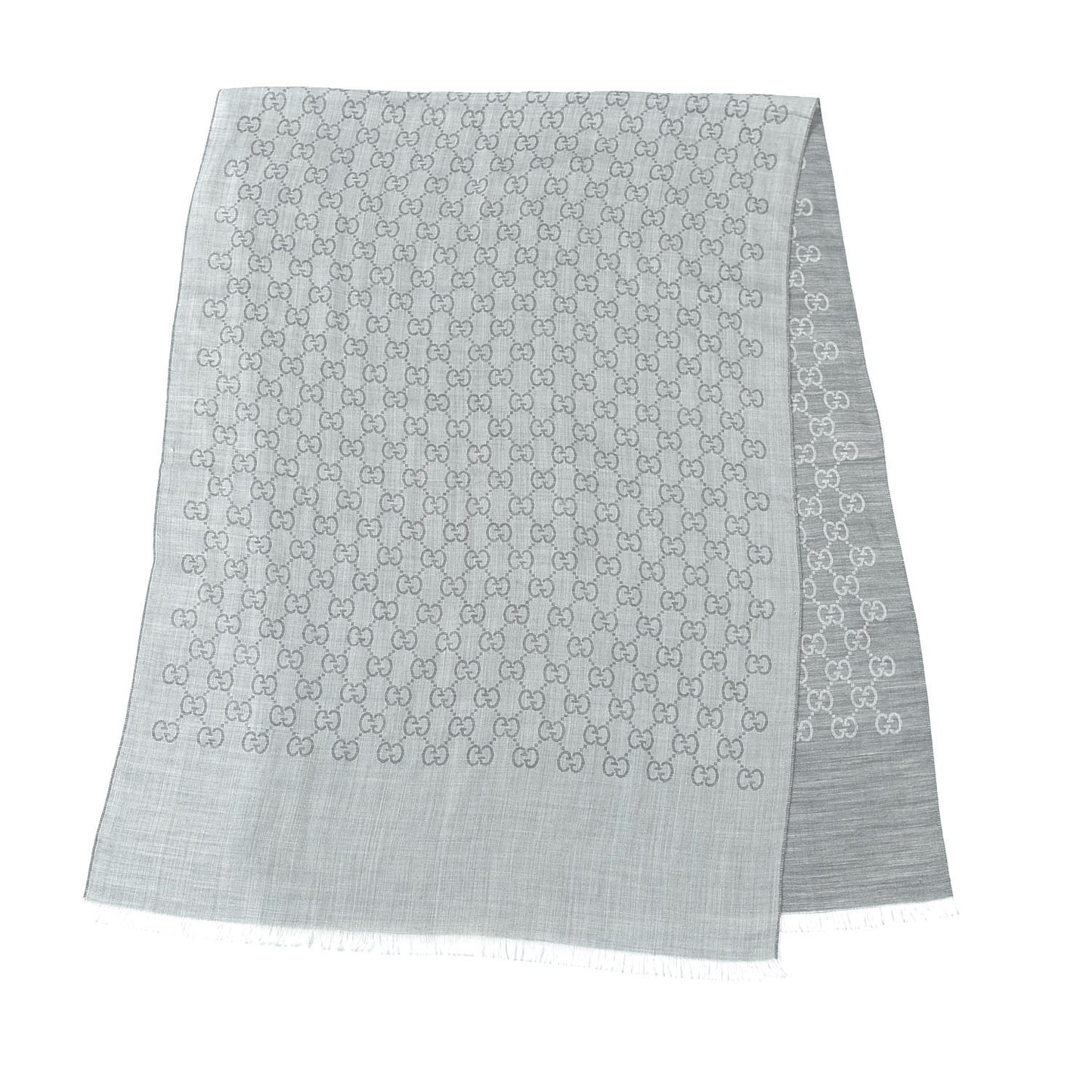 Wool Silk Monogram Fringe Scarf Grey