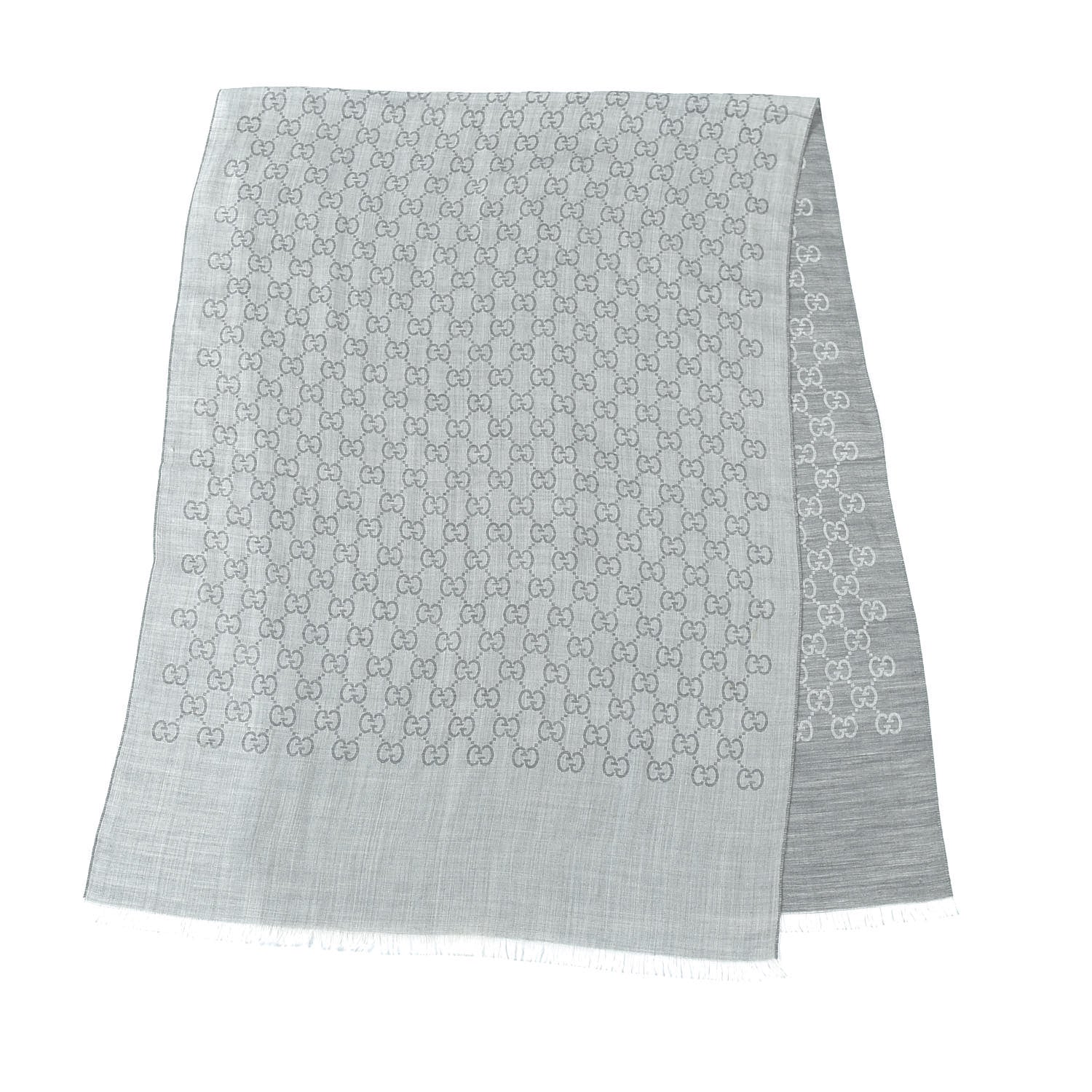 Gucci Wool Silk Monogram Fringe Scarf Grey 2 of 7
