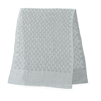 Gucci Wool Silk Monogram Fringe Scarf Grey 2 of 7