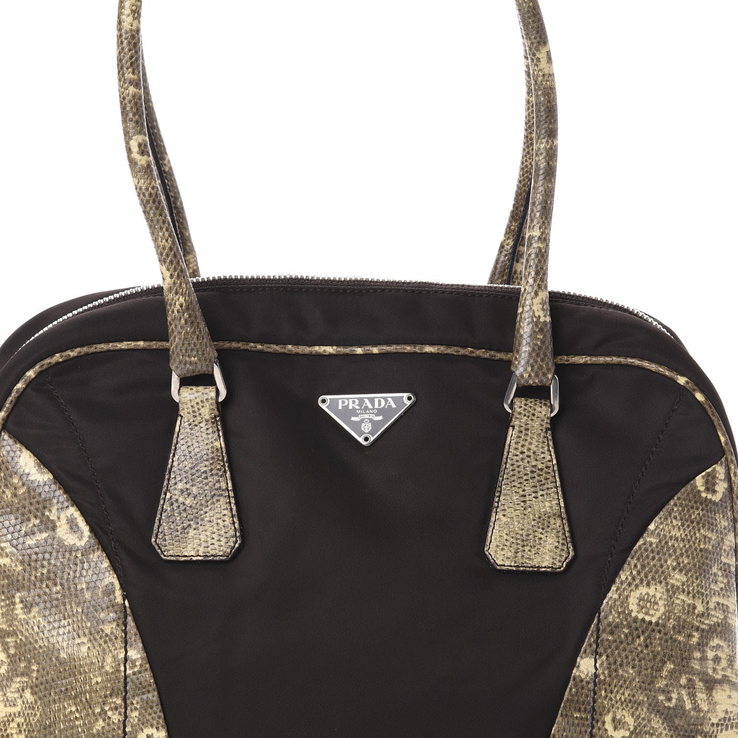 Prada Tessuto Nylon Calfskin Lizard Embossed Tote Ebano 7 of 9