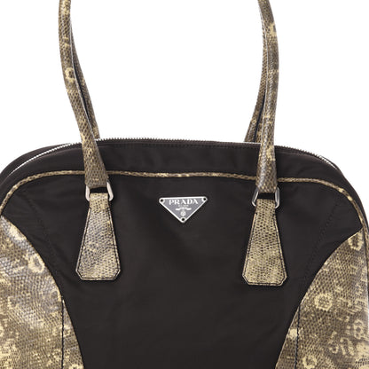 Prada Tessuto Nylon Calfskin Lizard Embossed Tote Ebano 7 of 9