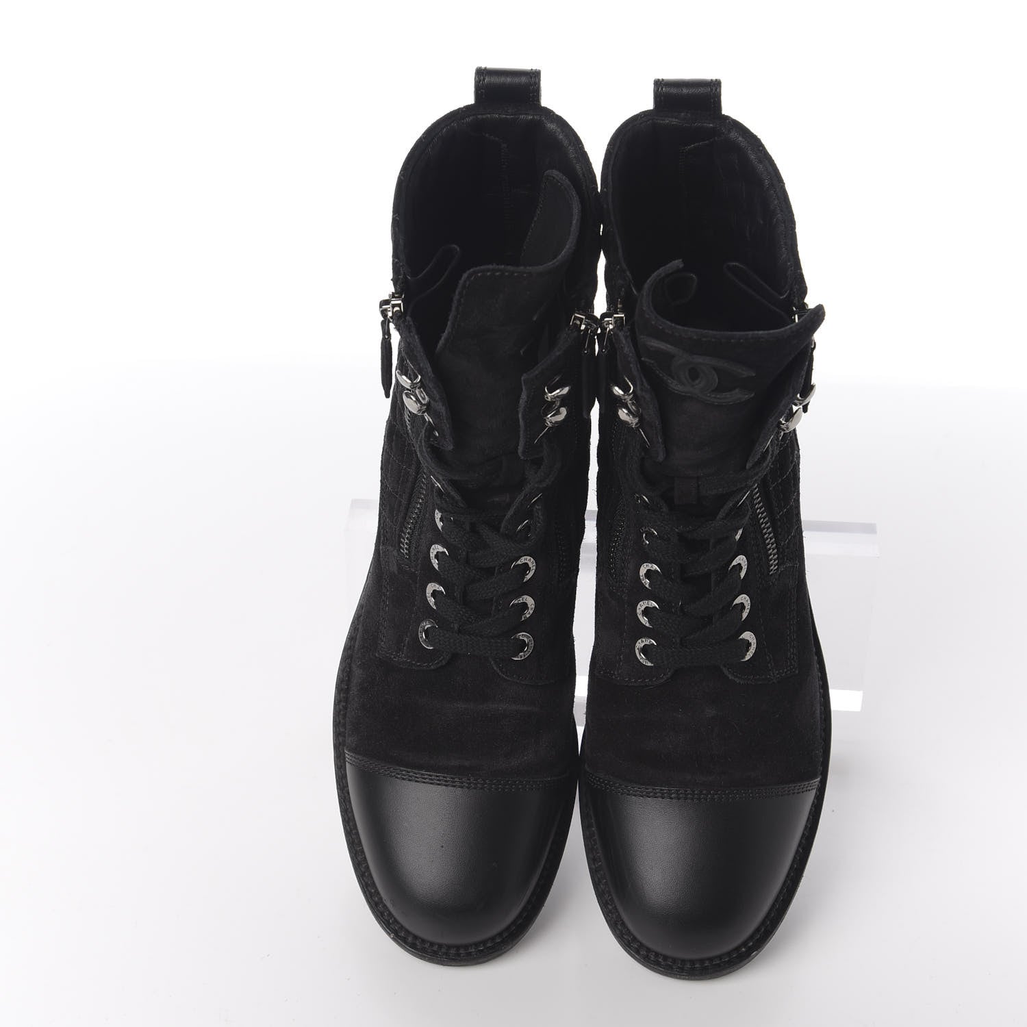 Chanel Suede Quilted CC Lace Up Combat Boots 41.5 Black 6 of 11