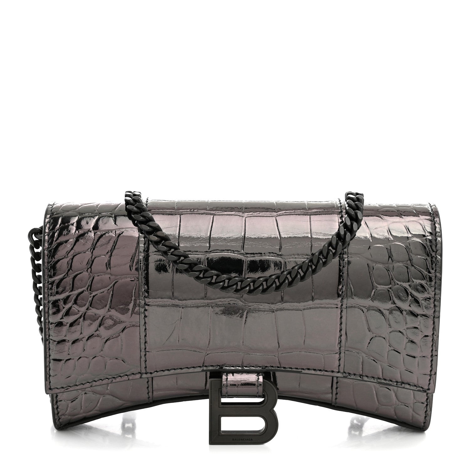 Balenciaga Shiny Metallic Calfskin Crocodile Embossed Hourglass Chain Bag Gunmetal 1 of 10